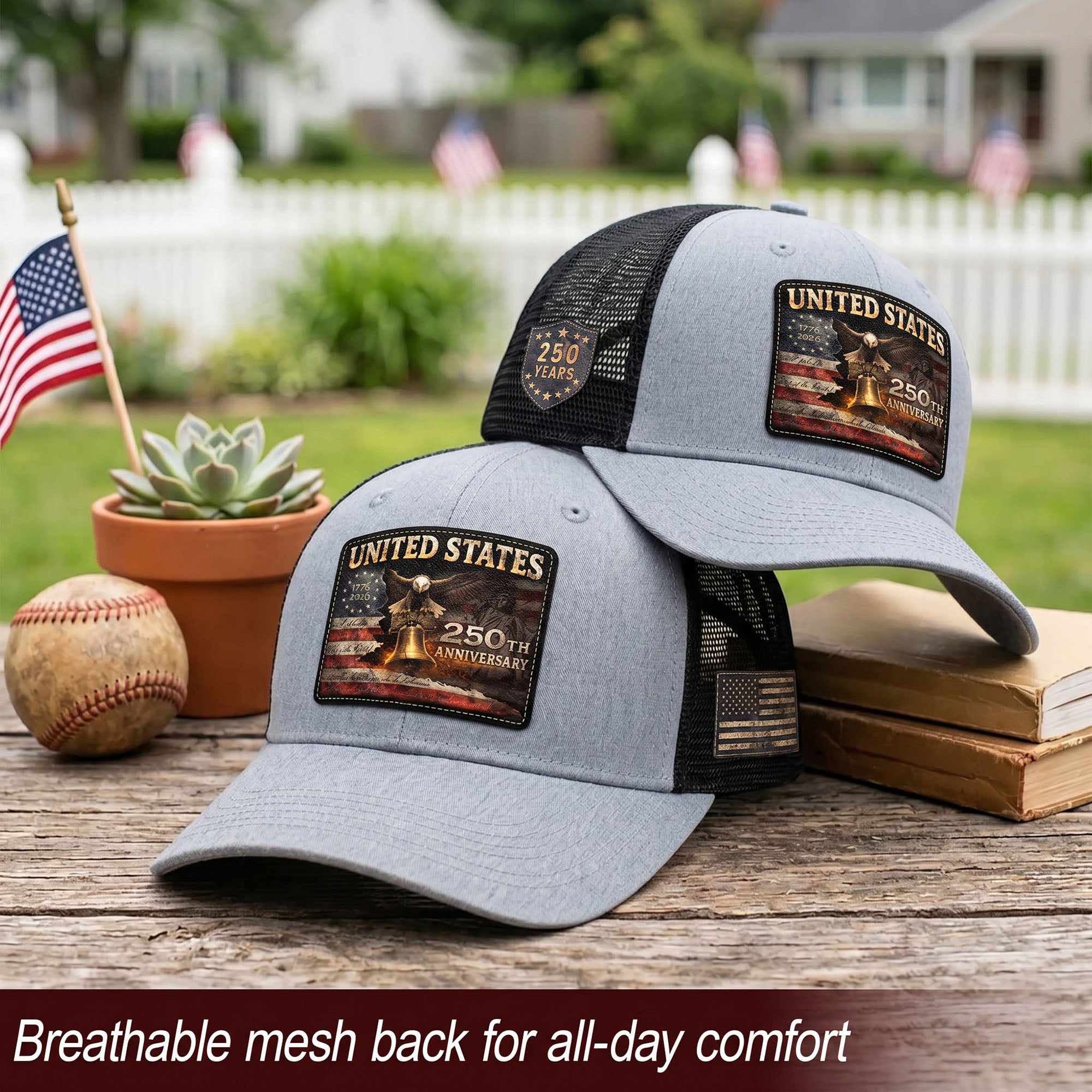 United States 250th Anniversary Leather Patch Hat Patriotic Eagle Bell Mesh Cap