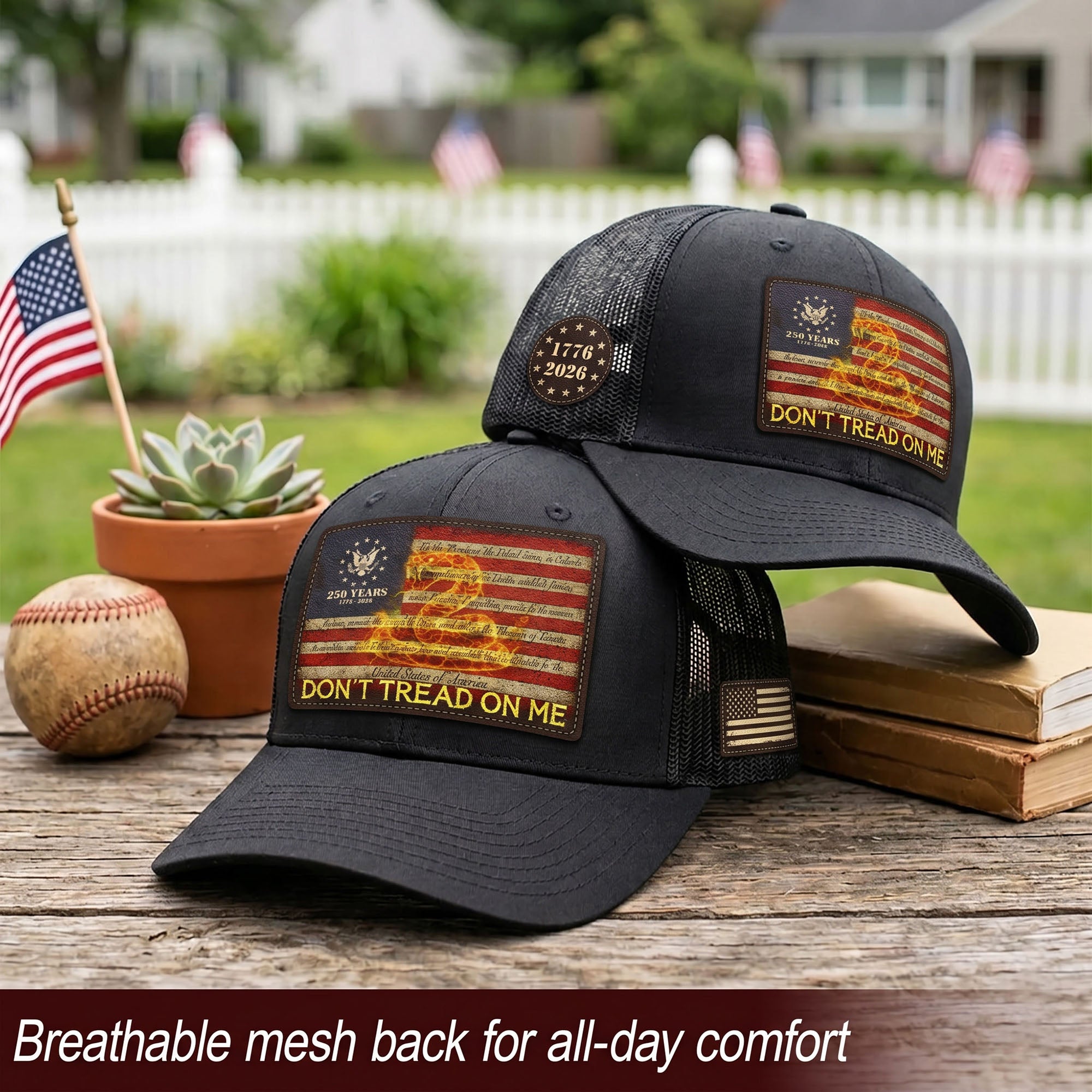 Don’t Tread On Me Leather Patch Hat 250th Anniversary Patriotic Mesh Trucker Cap