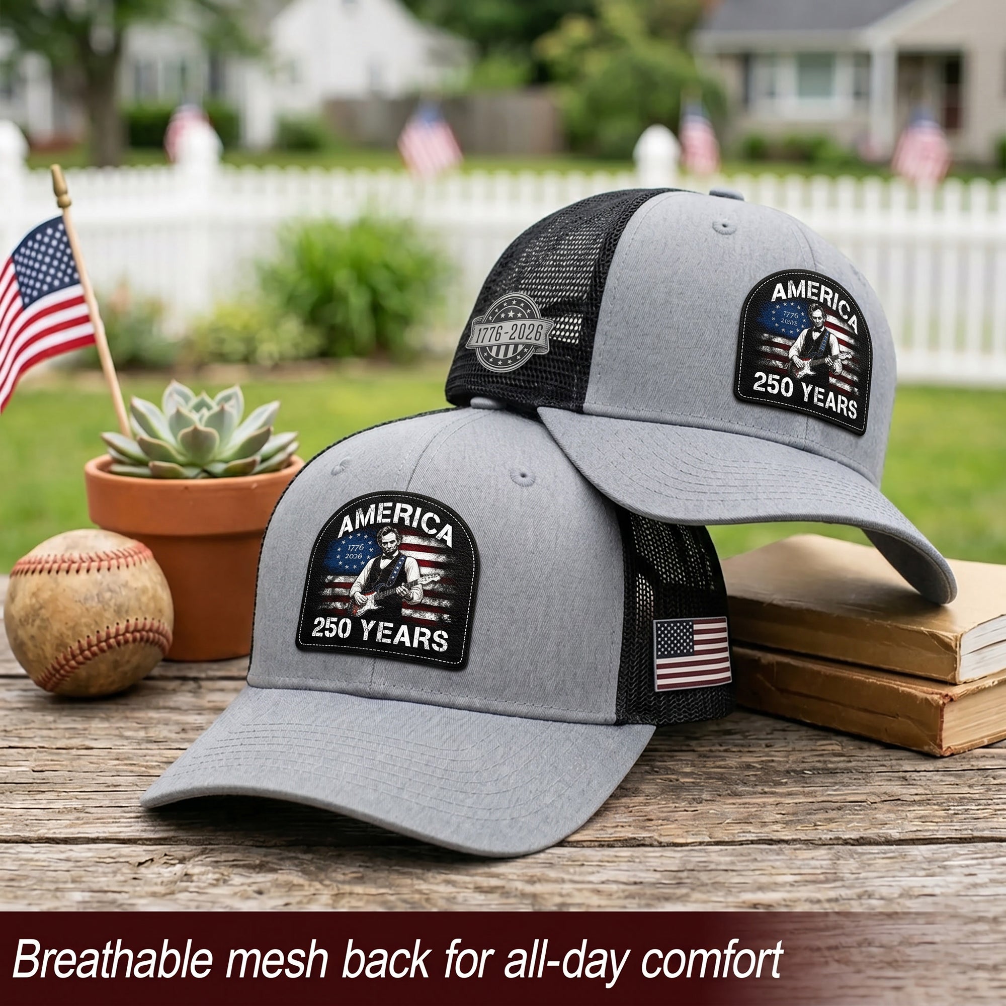Lincoln Guitar Patch Hat America 250 Years 1776-2026 Patriotic Trucker Cap Mesh Back