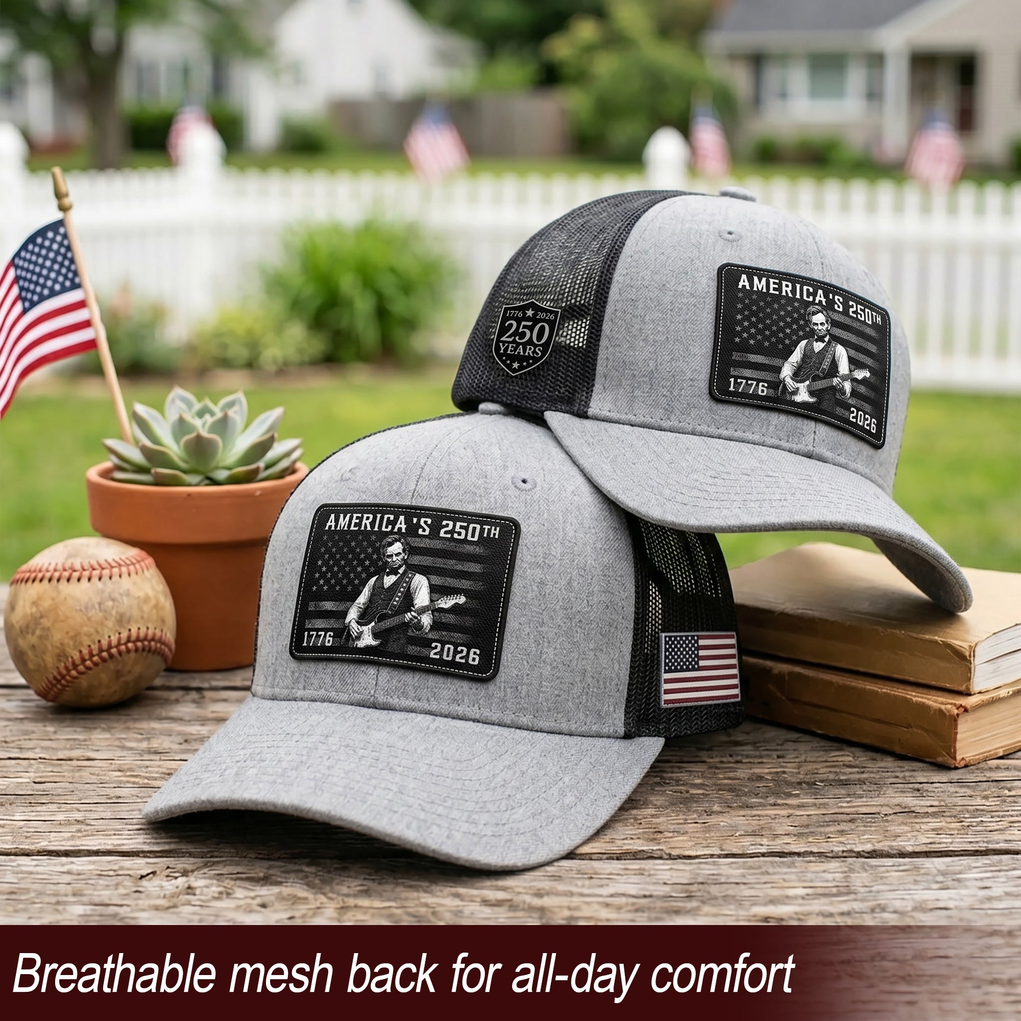 Grey Lincoln Guitar Anniversary Hat 1776-2026 Patriotic Trucker Cap - Iconic Design