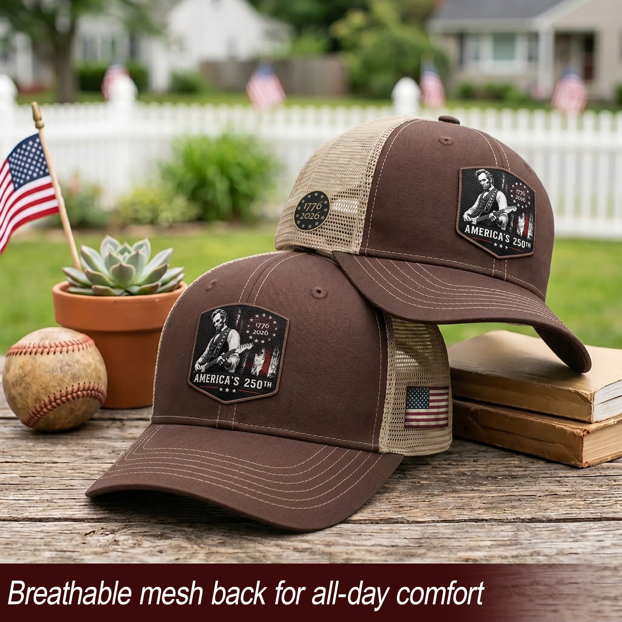 Lincoln Guitar 250th Anniversary Brown Hat 1776-2026 USA Patriotic Trucker Cap
