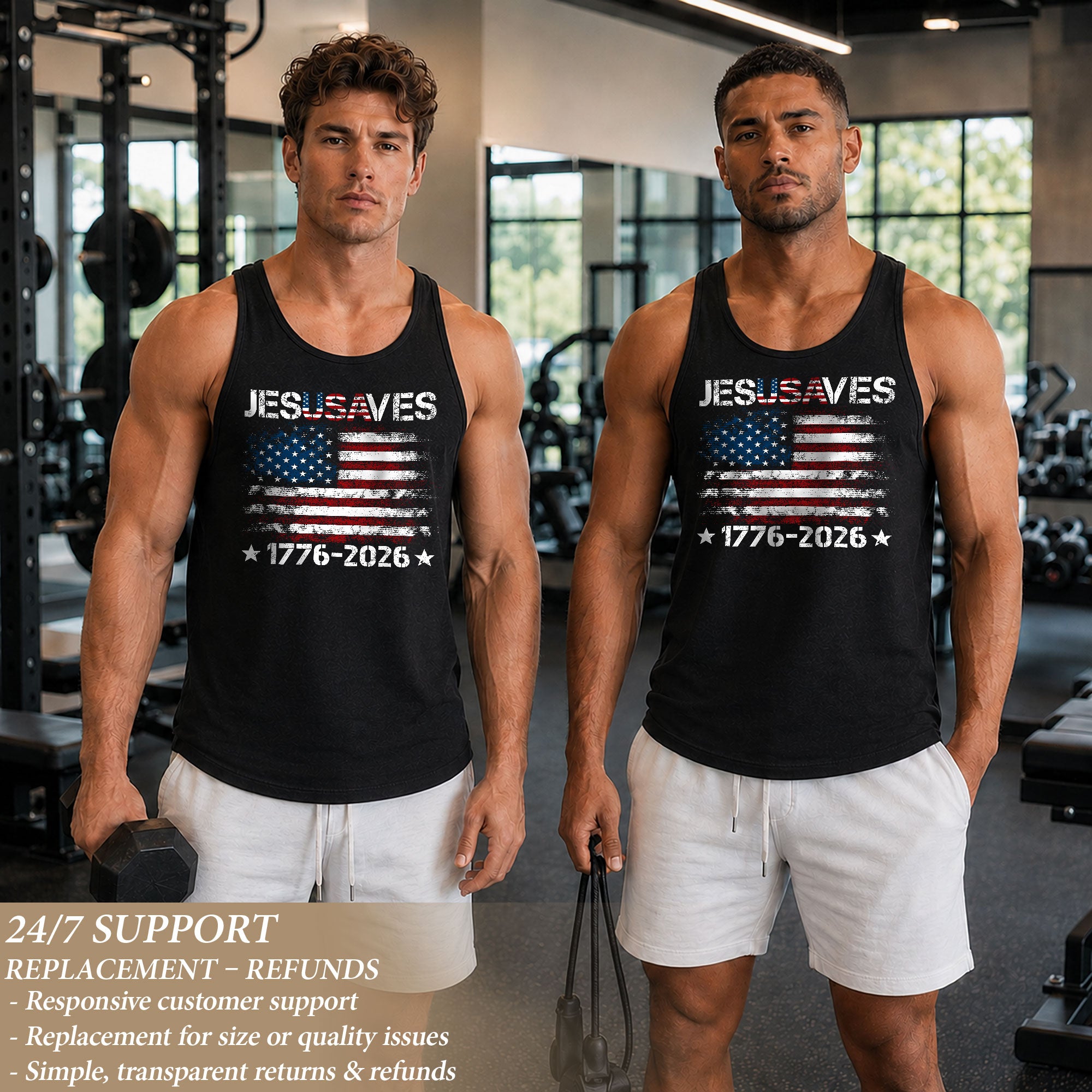 Men's Patriotic JESUSAVES 1776-2026 Tank Top - Faith Graphic Sleeveless Shirt