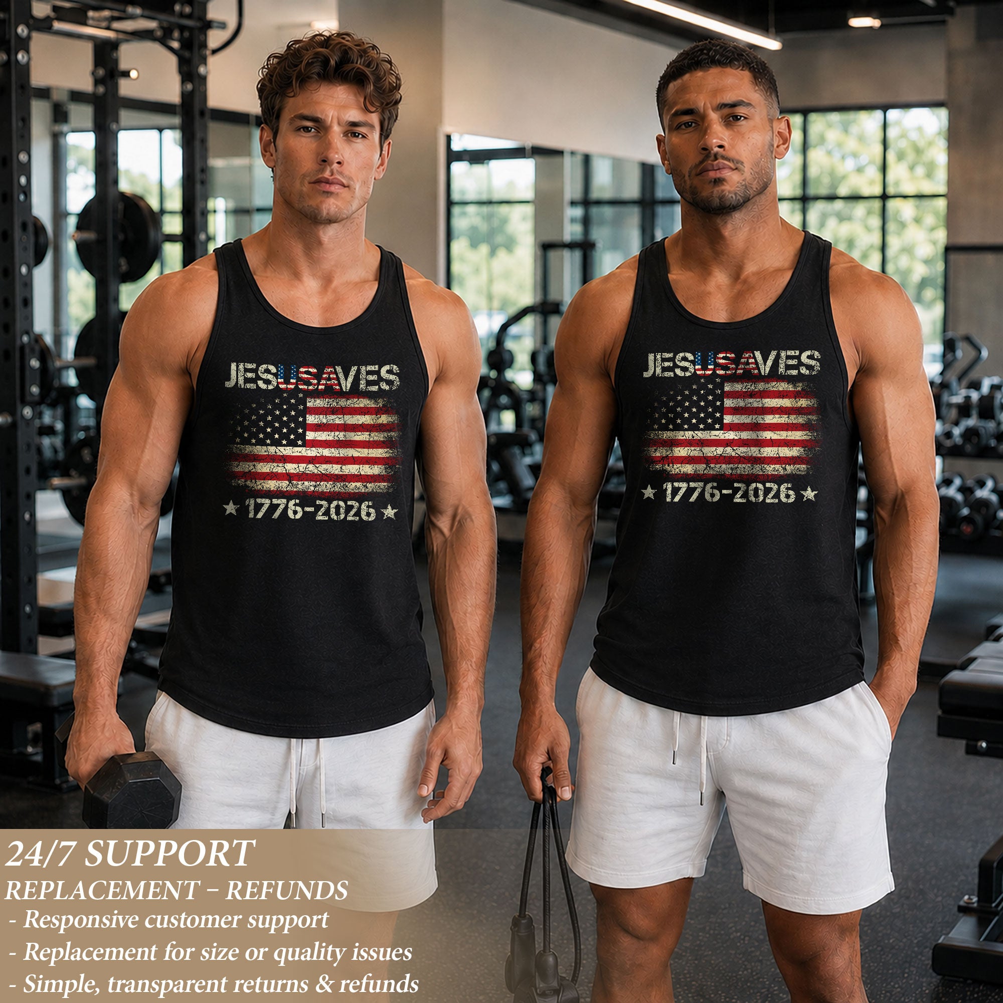 Men's Patriotic 1776-2026 Tank - JESUSAVES Faith Graphic Sleeveless Summer Shirt