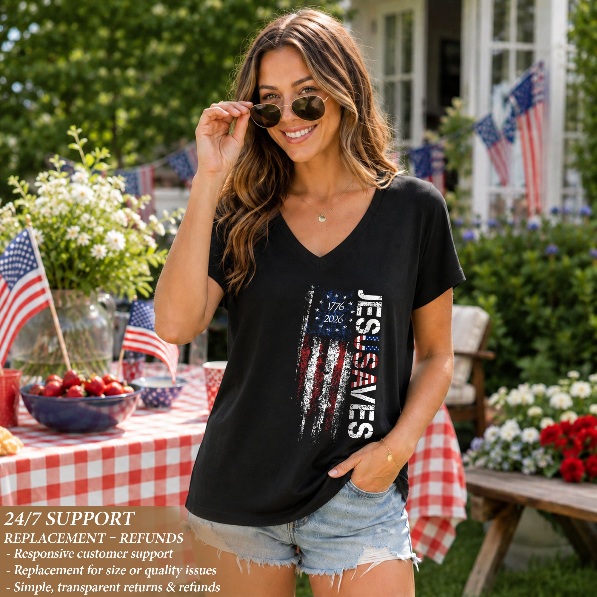 JESUSAVES Vertical 1776-2026 V-Neck Tee - Women's Graphic Patriotic Summer Shirt