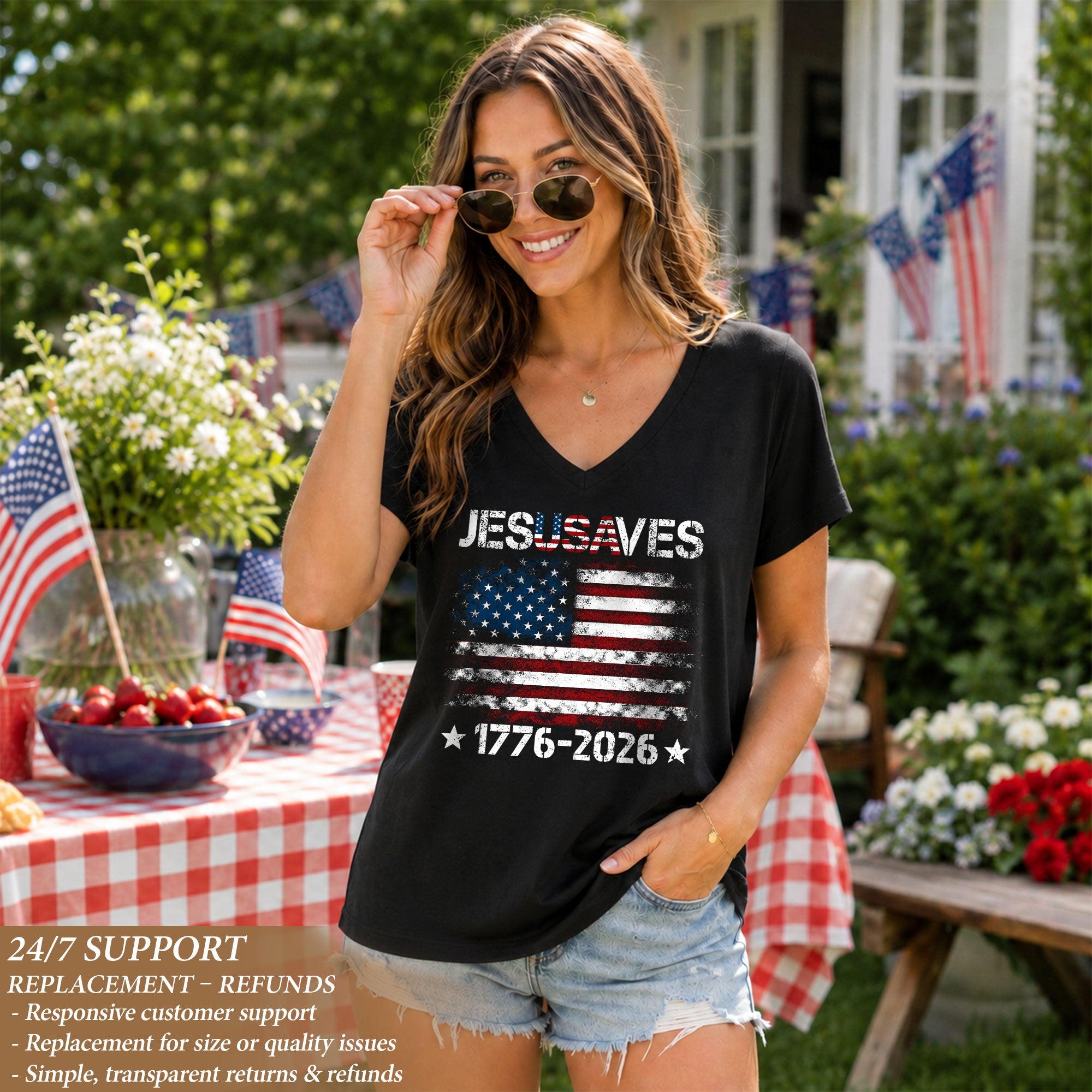 Women's Flag JESUSAVES 1776-2026 V-Neck Tee - Patriotic Graphic Summer Item