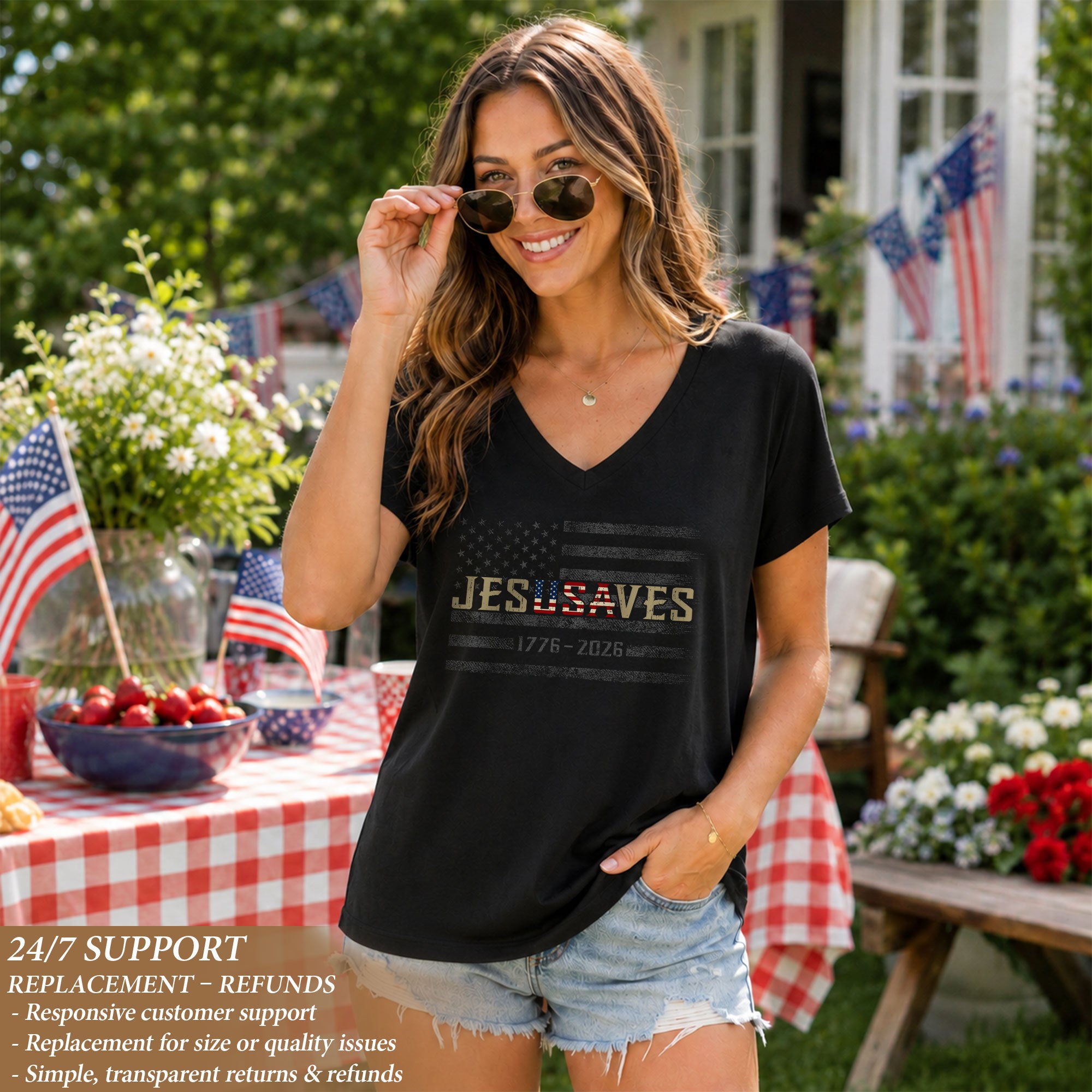 Faith & Freedom 1776-2026 V-Neck - Women's JESUSAVES Graphic Casual Shirt