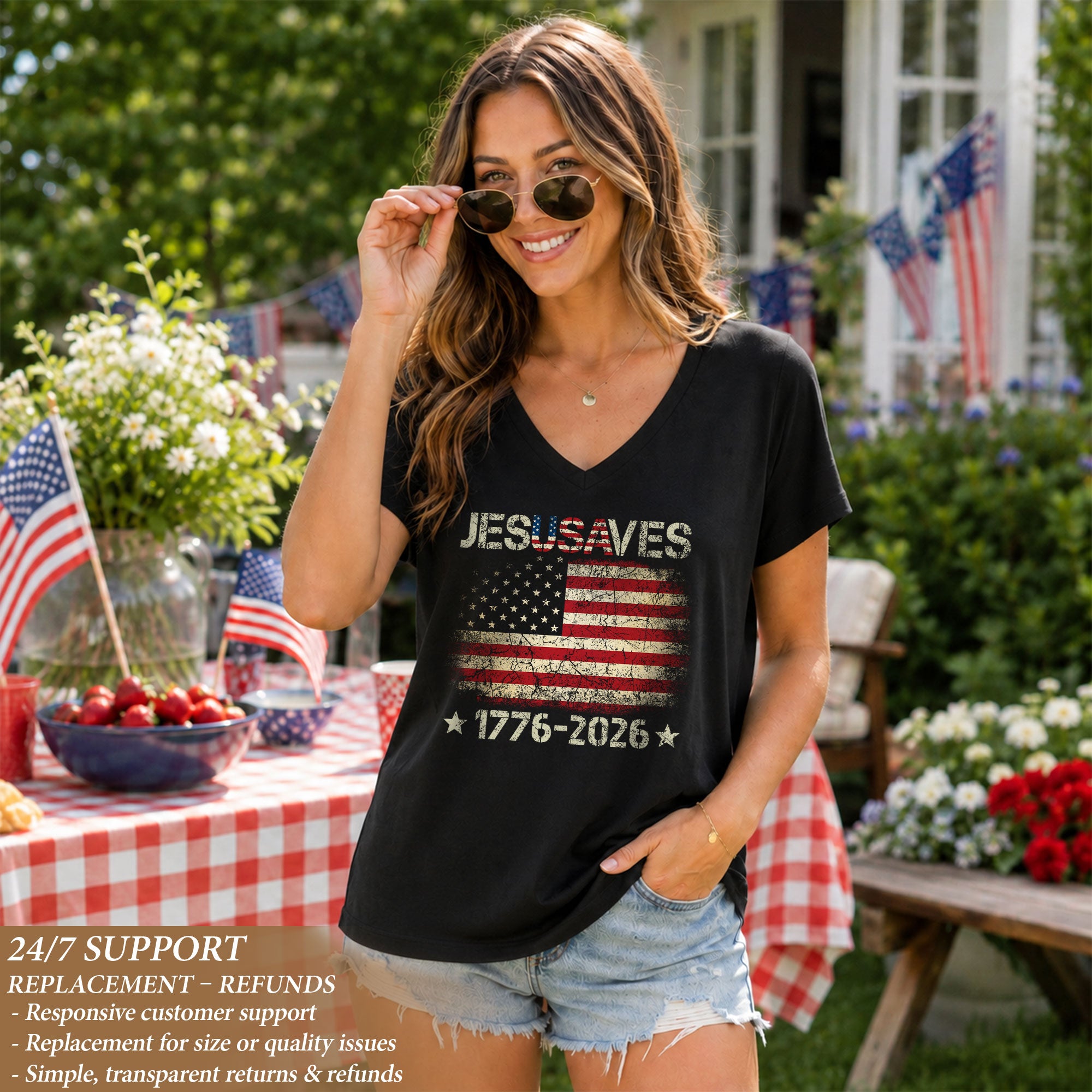 Women's JESUSAVES 1776-2026 V-Neck Tee - Patriotic Faith Graphic Summer Shirt