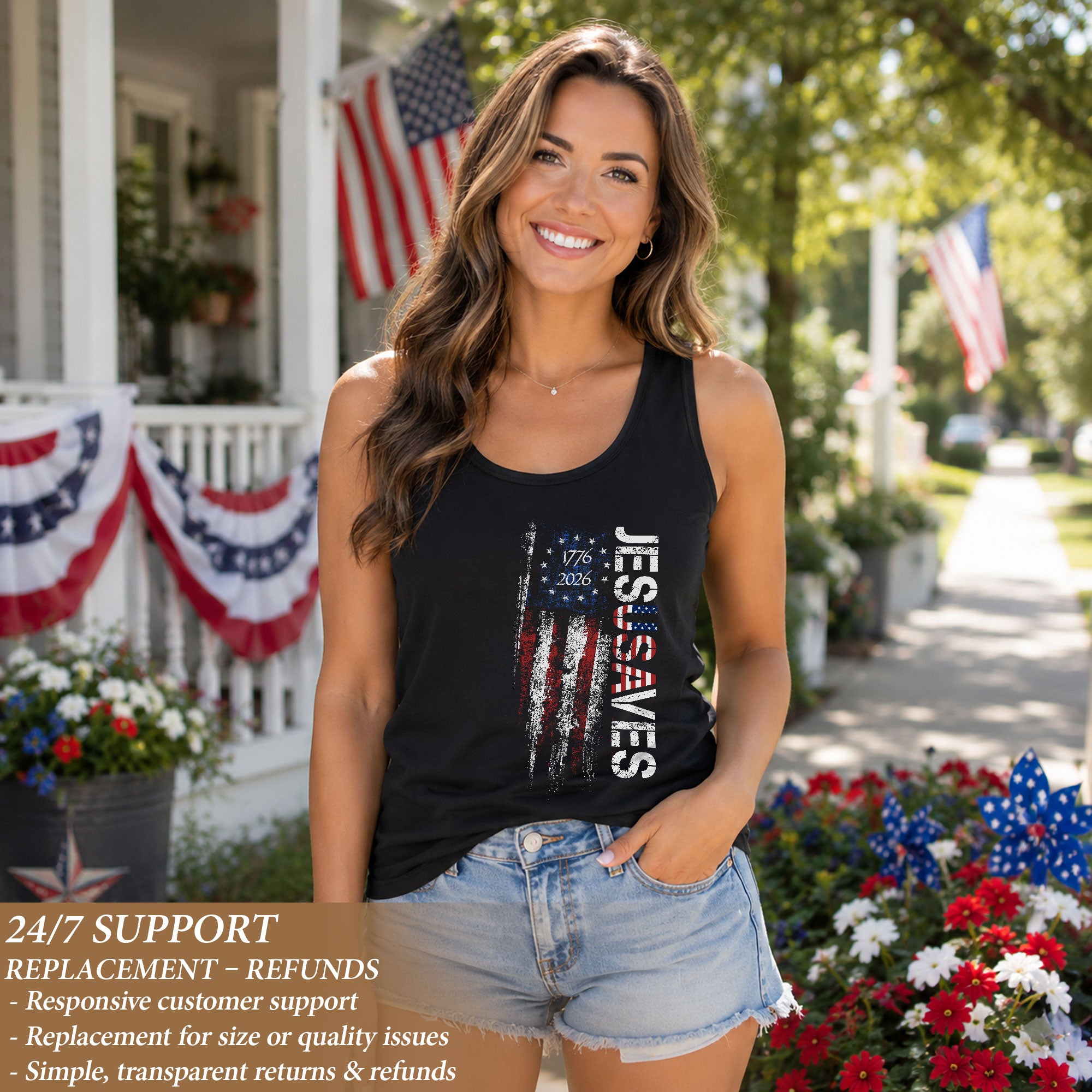 JESUSAVES Women's Tank Top Patriotic Flag 1776-2026 Christian Faith Graphic Shirt