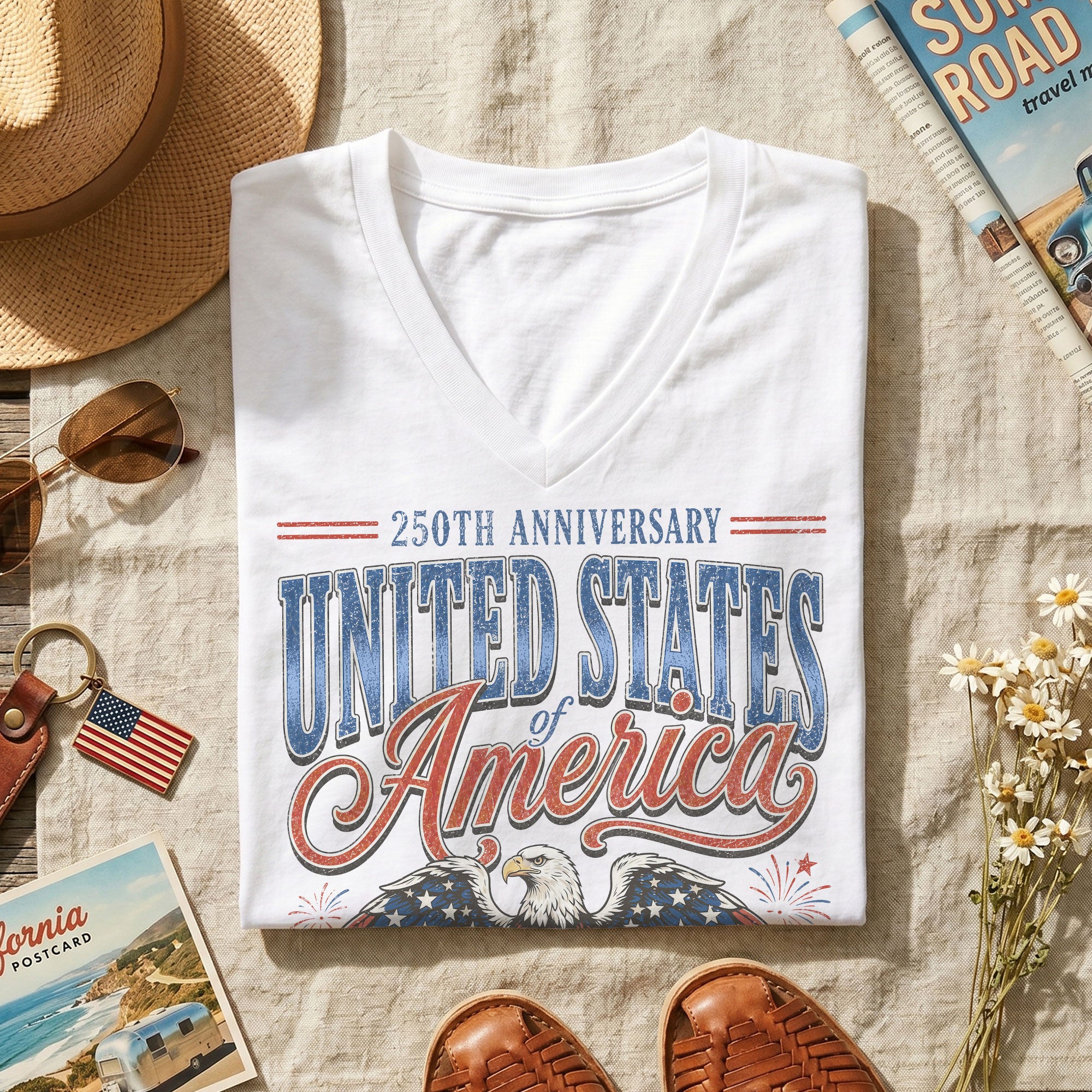 250th Anniversary United States Of America V-Neck Tee Patriotic Women's Holiday Shirt - Rust Field Wear