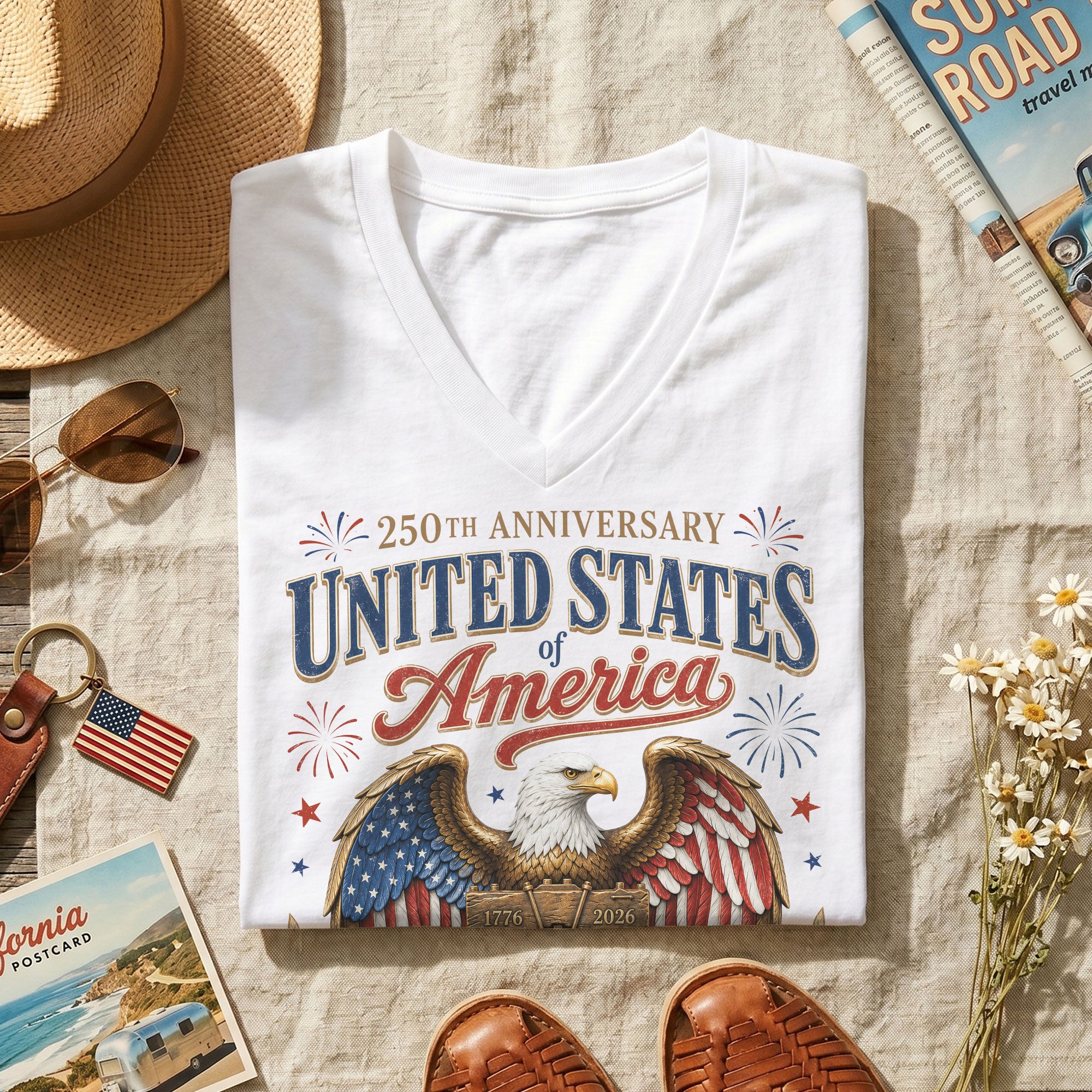 Patriotic 250th Anniversary V-Neck T-Shirt United States Of America Freedom Graphic - Rust Field Wear