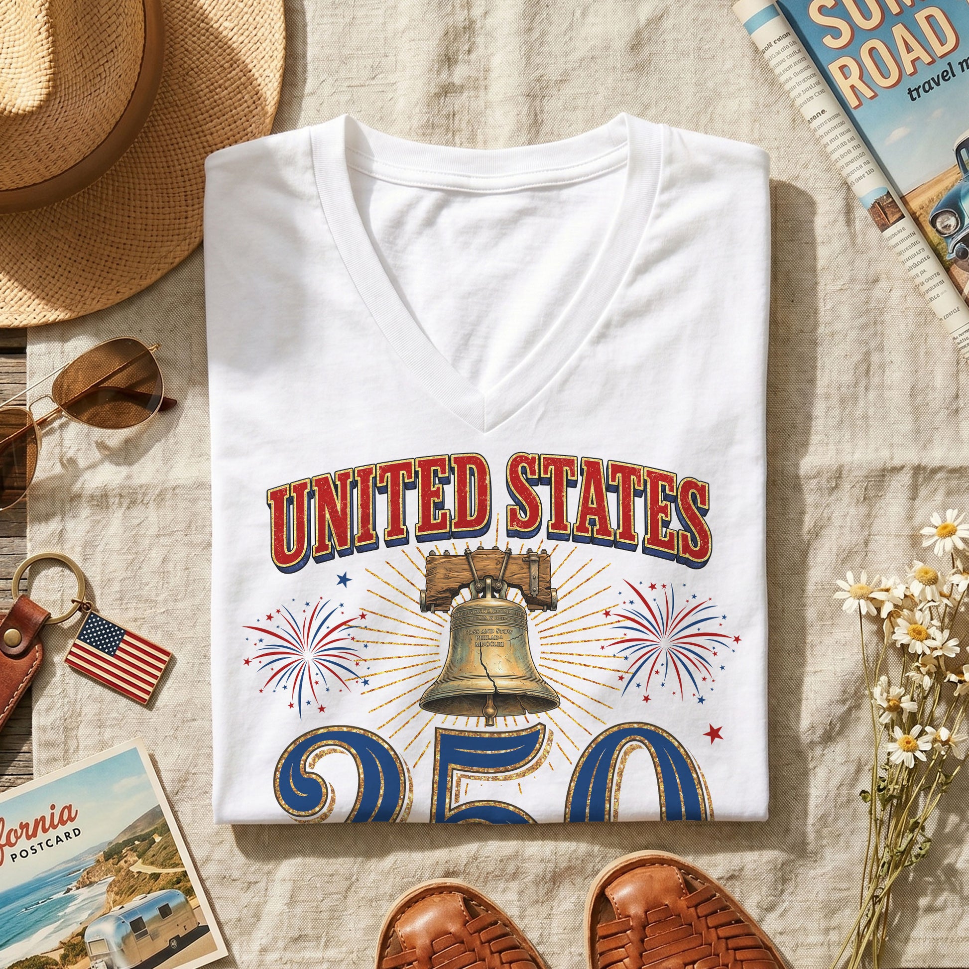 Women's V-Neck Graphic Top United States 250 Years Anniversary Celebration Tee - Rust Field Wear