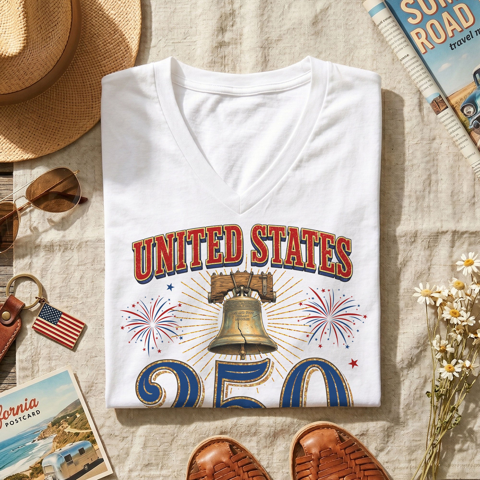 Women's V-Neck Graphic Top United States 250 Years Anniversary Celebration Tee - Rust Field Wear