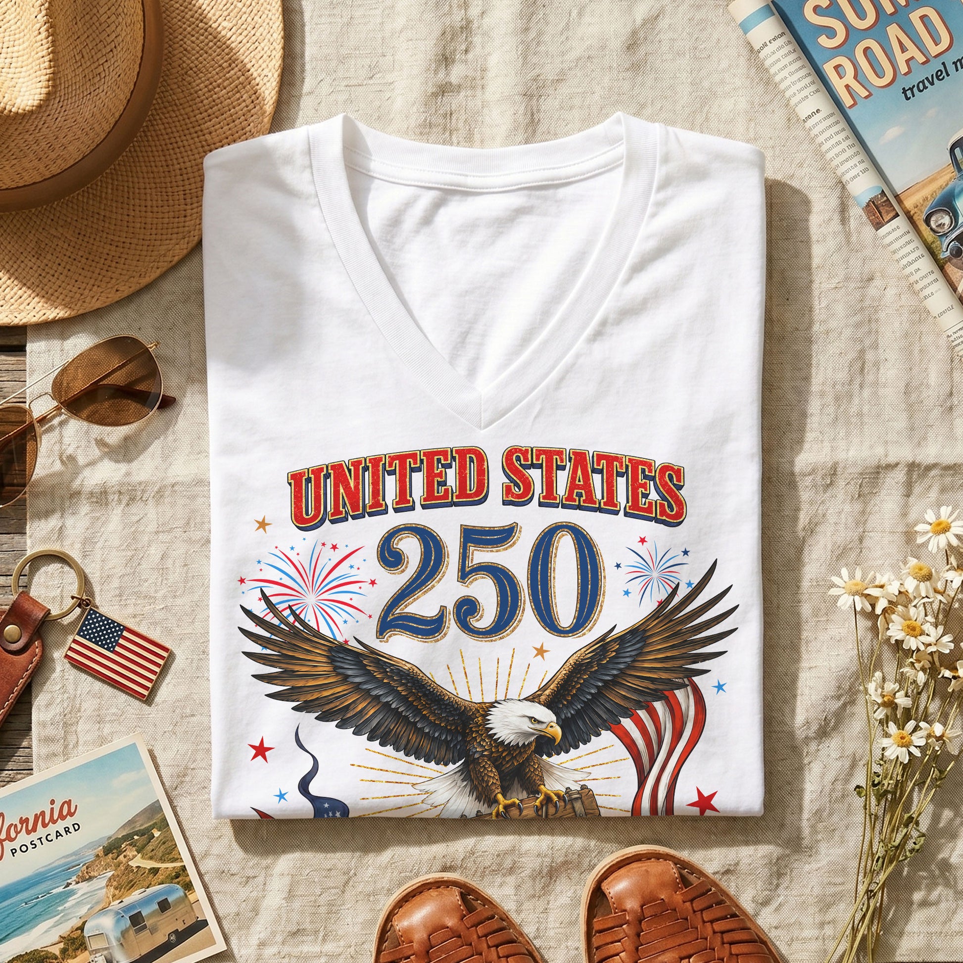 Historical United States 250th Anniversary V-Neck Shirt Patriotic Holiday Wear Tee - Rust Field Wear