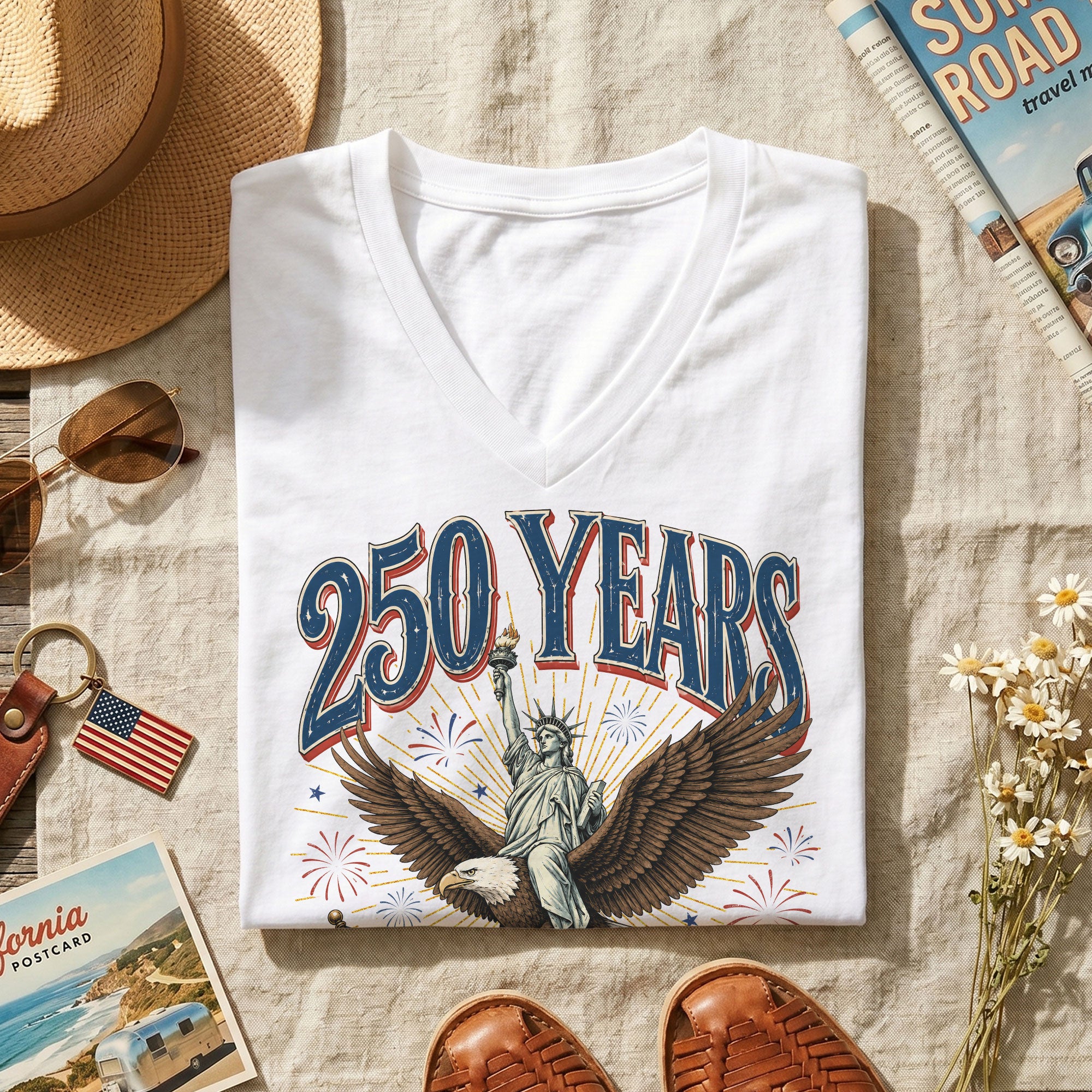 Patriotic United States 250 Years Anniversary V-Neck Tee Holiday Graphic Shirt Apparel - Rust Field Wear