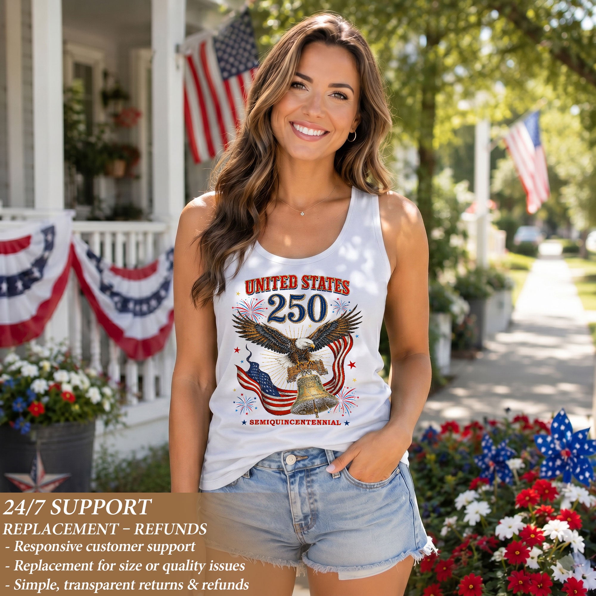 Women Vintage Tank Top 250th Anniversary US Flag Liberty Bell United States Shirt