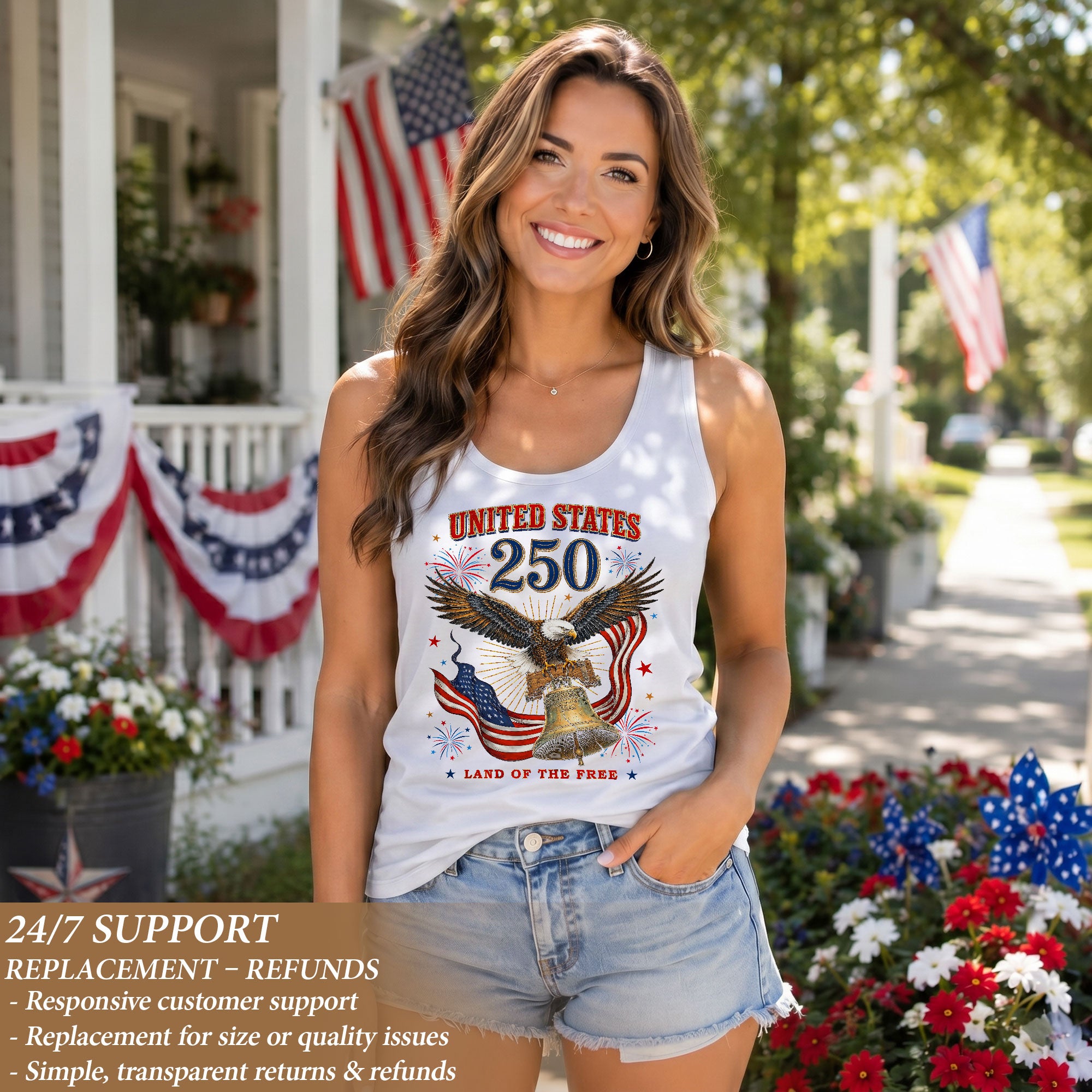 Women Vintage Tank Top 250th Anniversary US Flag Liberty Bell United States Shirt - Rust Field Wear