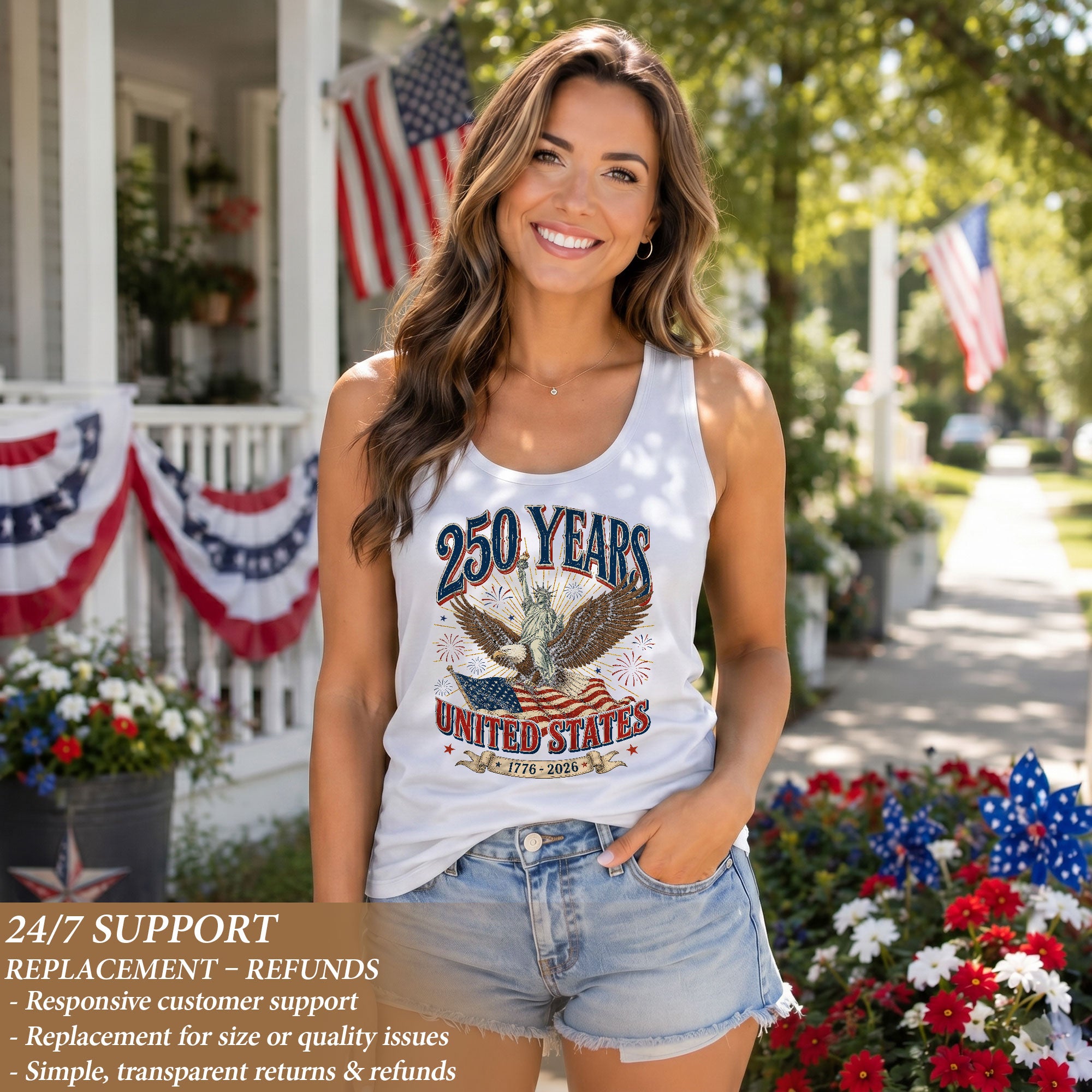 Vintage Tank Top Women 250th Anniversary Statue of Liberty Eagle USA Flag Shirt - Rust Field Wear