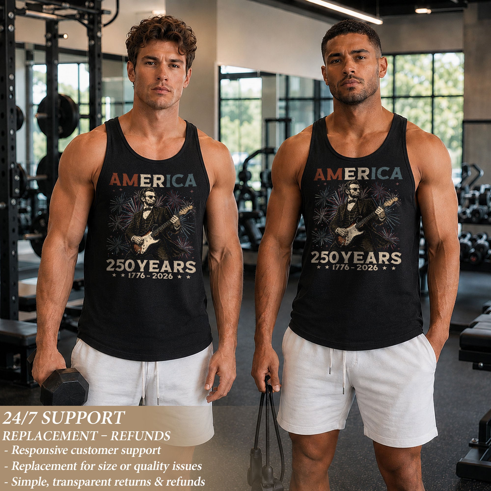 Rockstar Lincoln Fireworks Men Tank Top - Patriotic 1776 2026 Guitar Vintage Gym Shirt