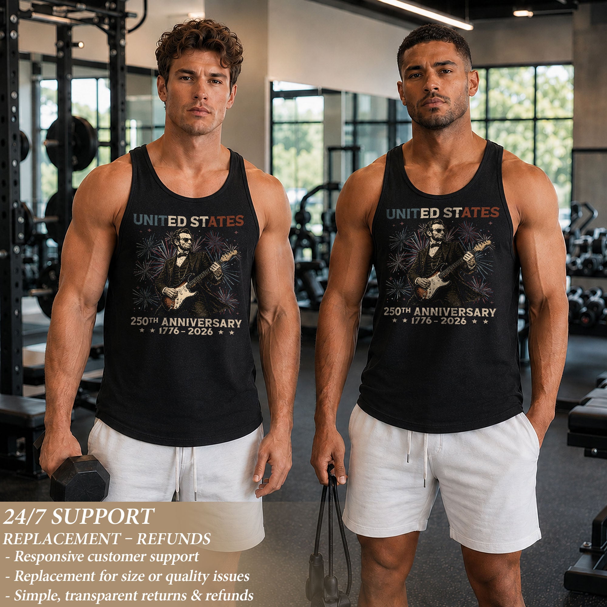 Rockstar Lincoln Fireworks Men Tank Top - Patriotic 1776 2026 Guitar Vintage Gym Shirt - Rust Field Wear