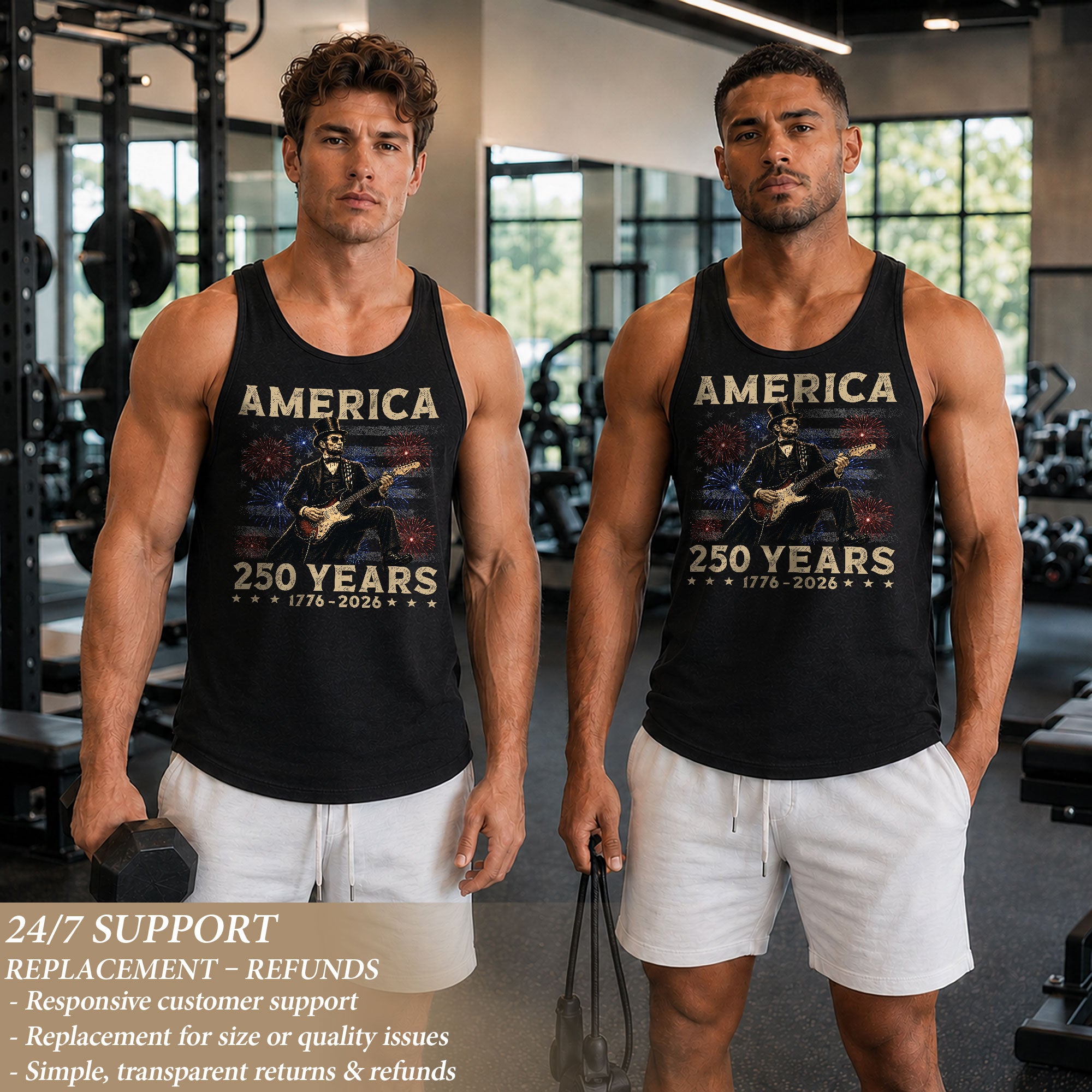 Honest Abe Guitar Men Tank Top - Patriotic Fireworks 1776 2026 Retro July 4th Mens Tee