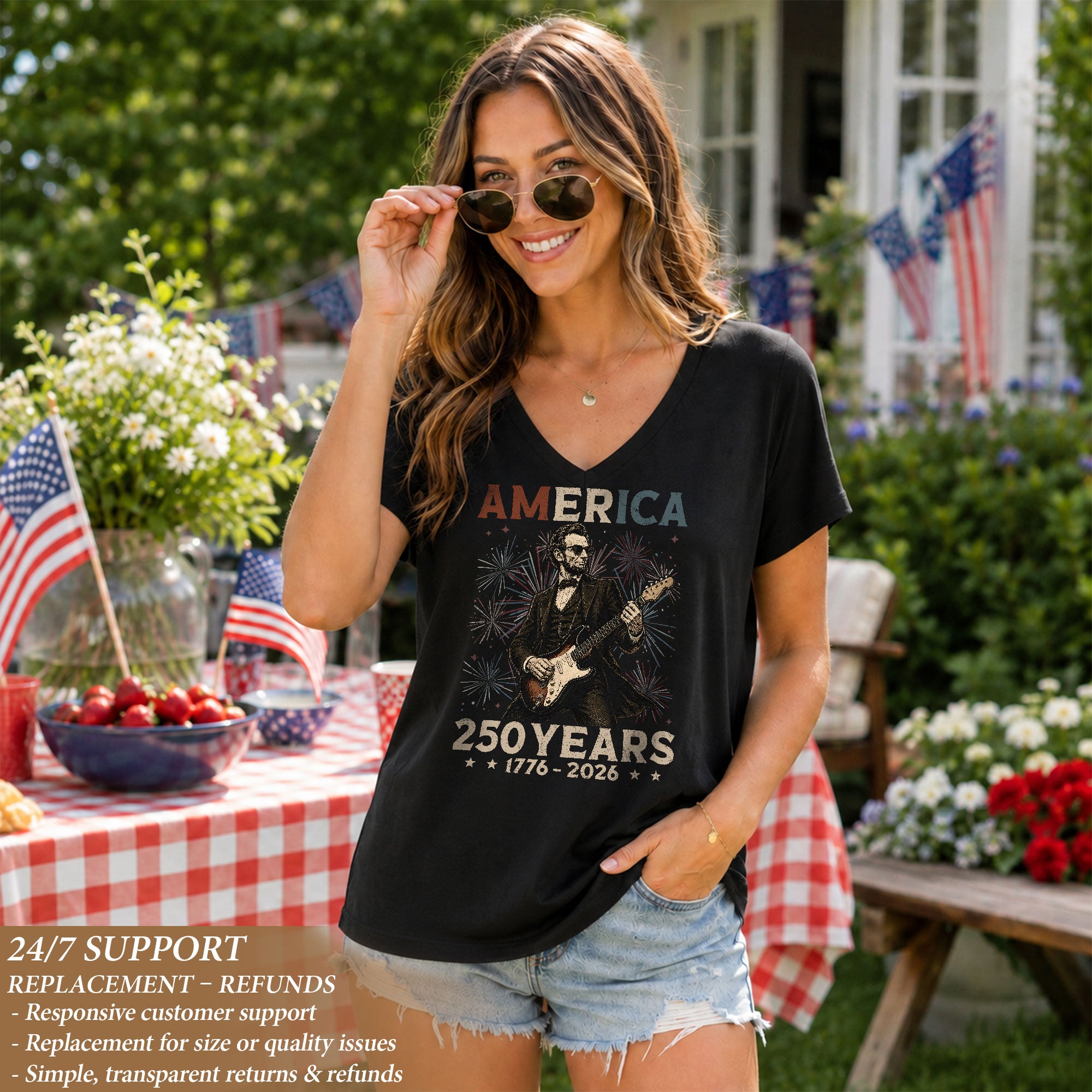Lincoln Rocker 1776-2026 Patriotic V-Neck Tee - Women's Graphic Summer Shirt Top