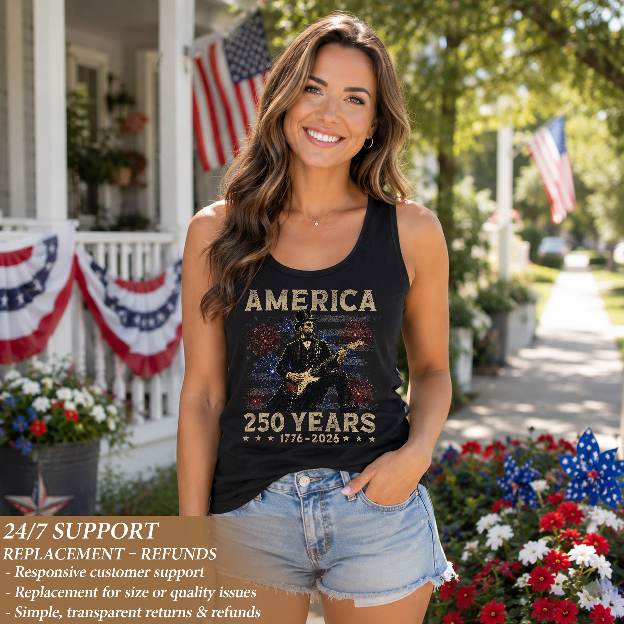 Patriotic 1776-2026 Lincoln Tank - Women's Graphic Fireworks Sleeveless Summer Top