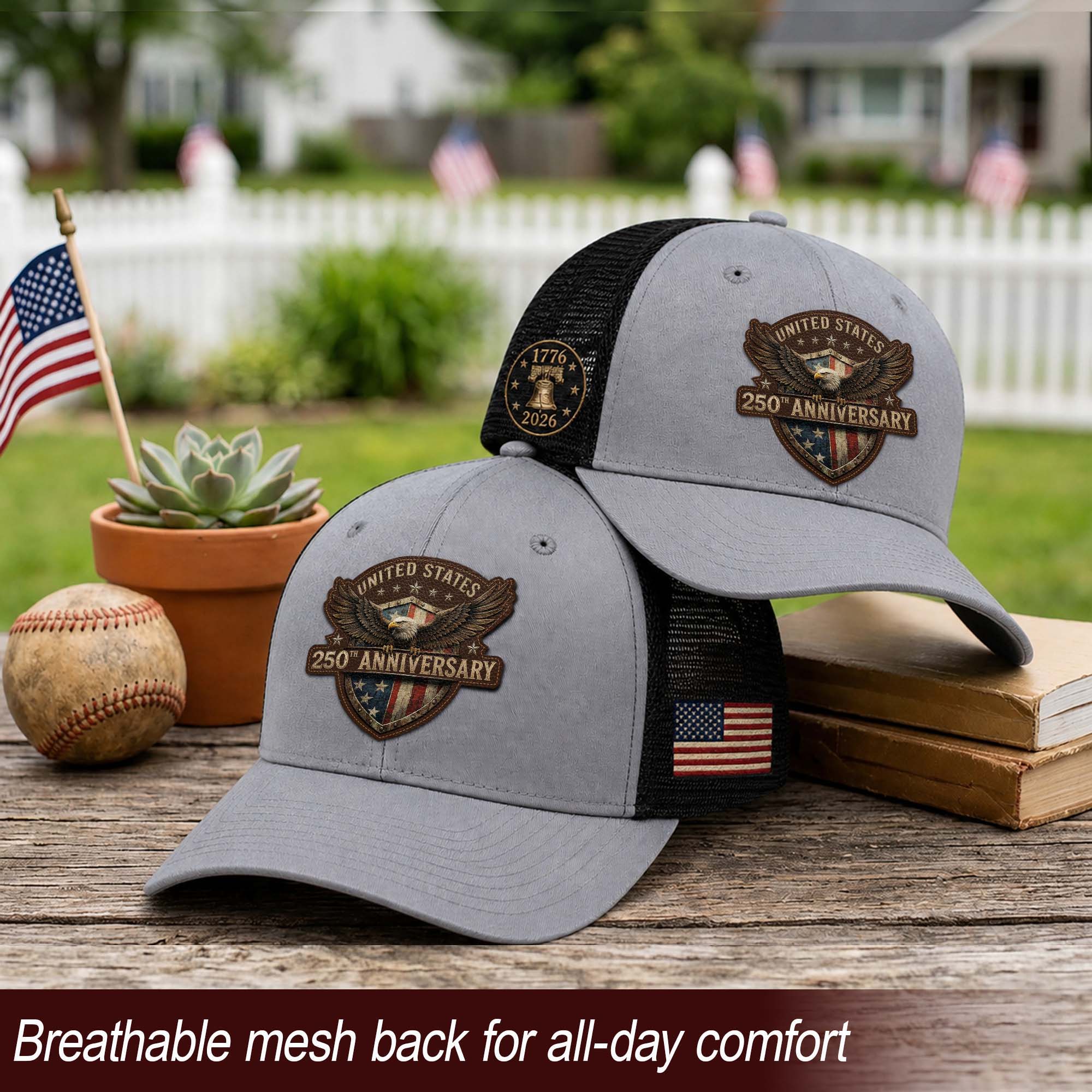 Leather Patch Hat US 250th Anniversary Trucker Cap Patriotic American Eagle Mesh Hat
