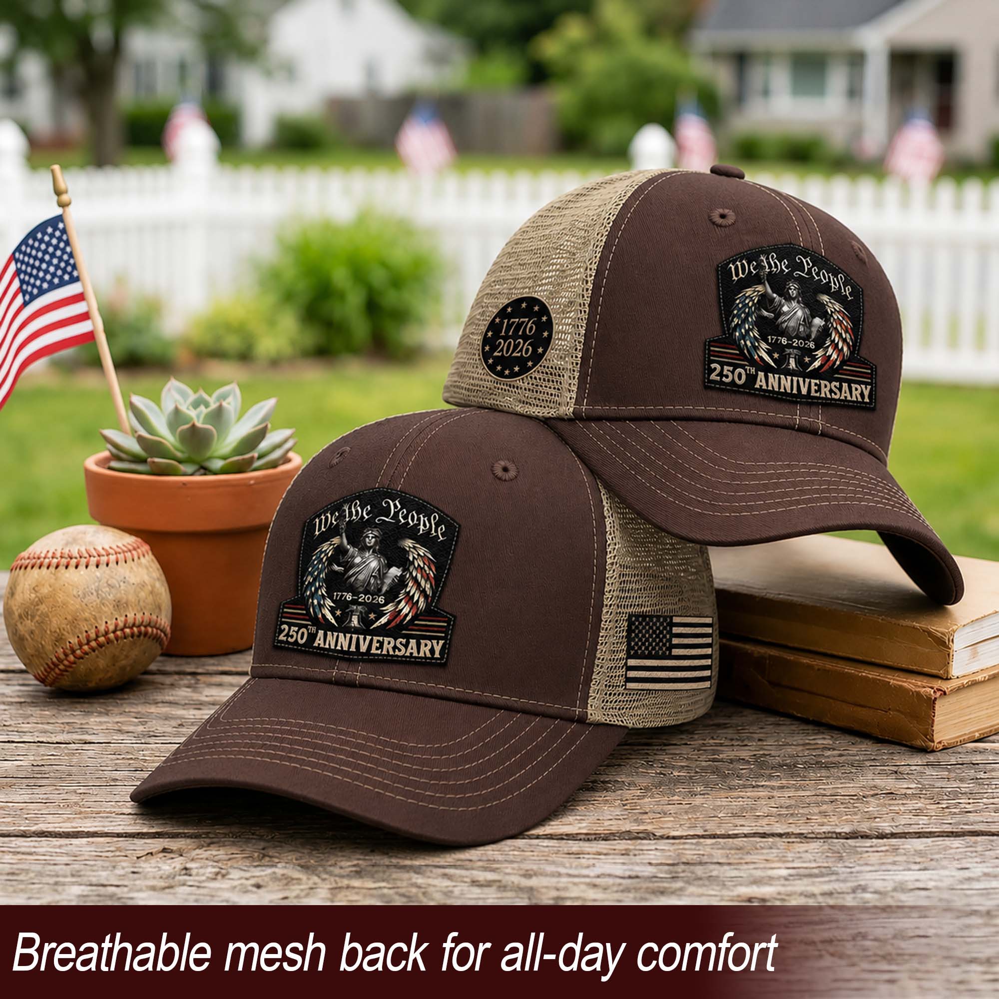 We The People Leather Patch Hat 250th Anniversary Trucker Cap Patriotic US Mesh Hat