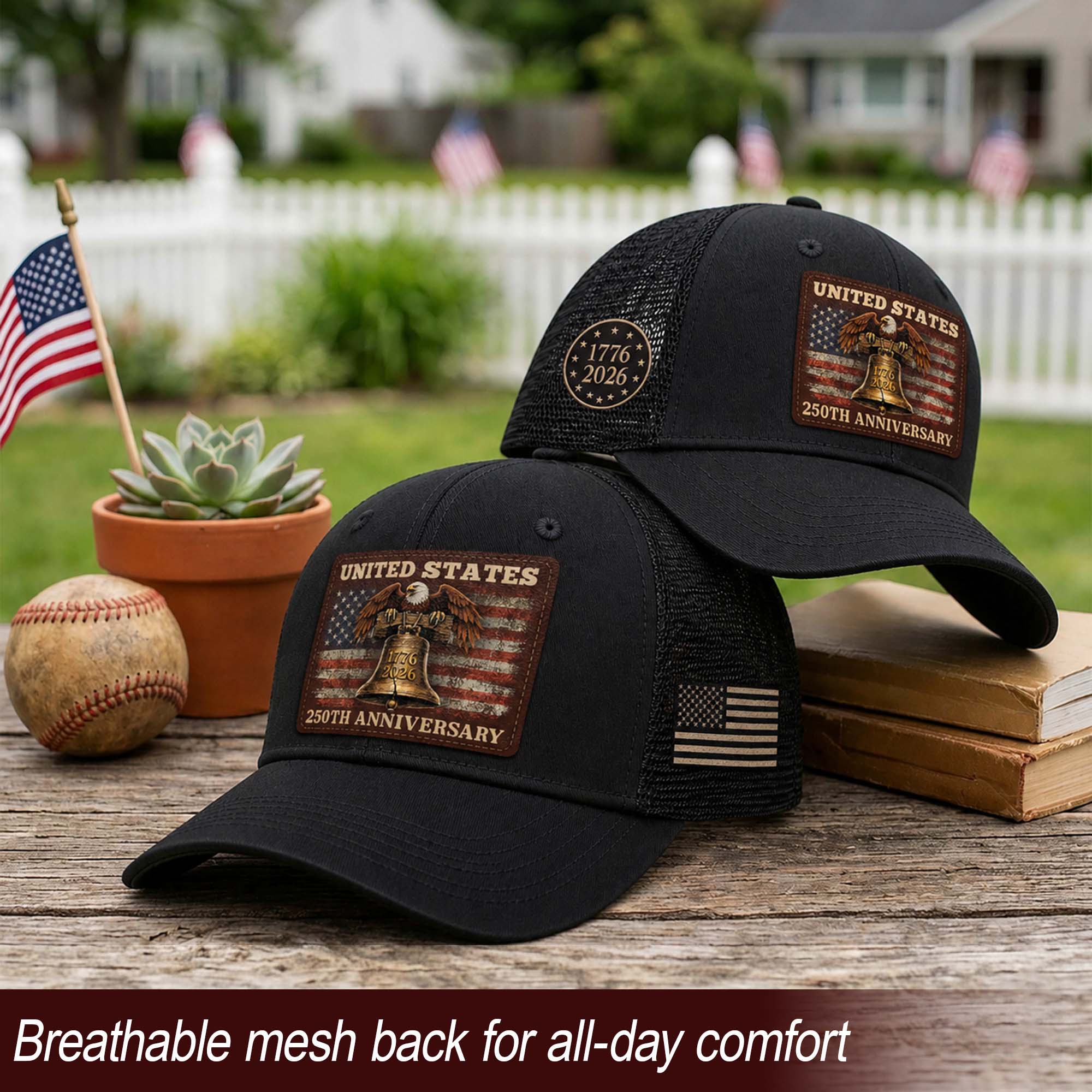 Patriotic Trucker Hat United States 250th Anniversary American Eagle Leather Patch Cap