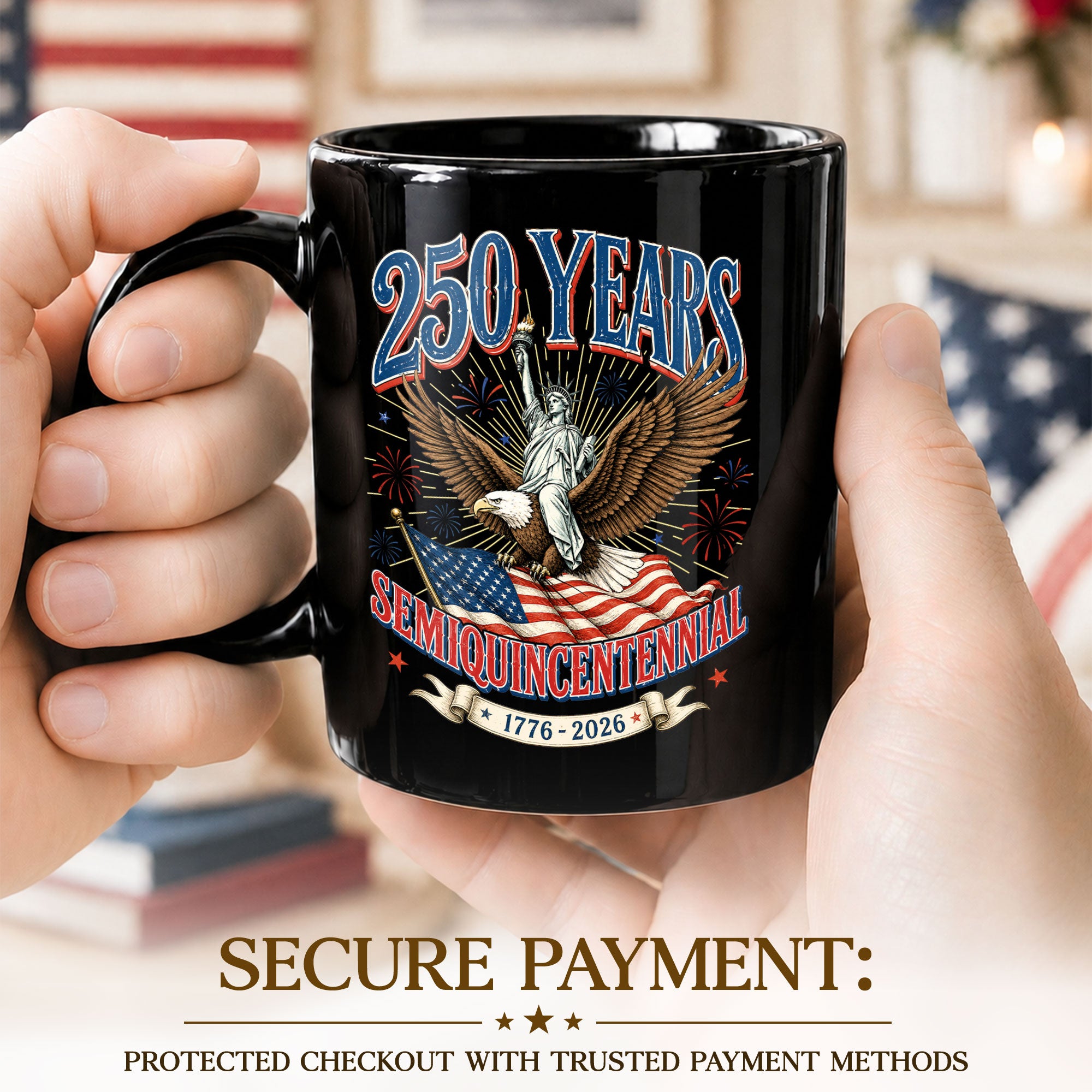 Patriotic Eagle and Statue Ceramic Mug – 1776-2026 Anniversary Celebration Drinkware