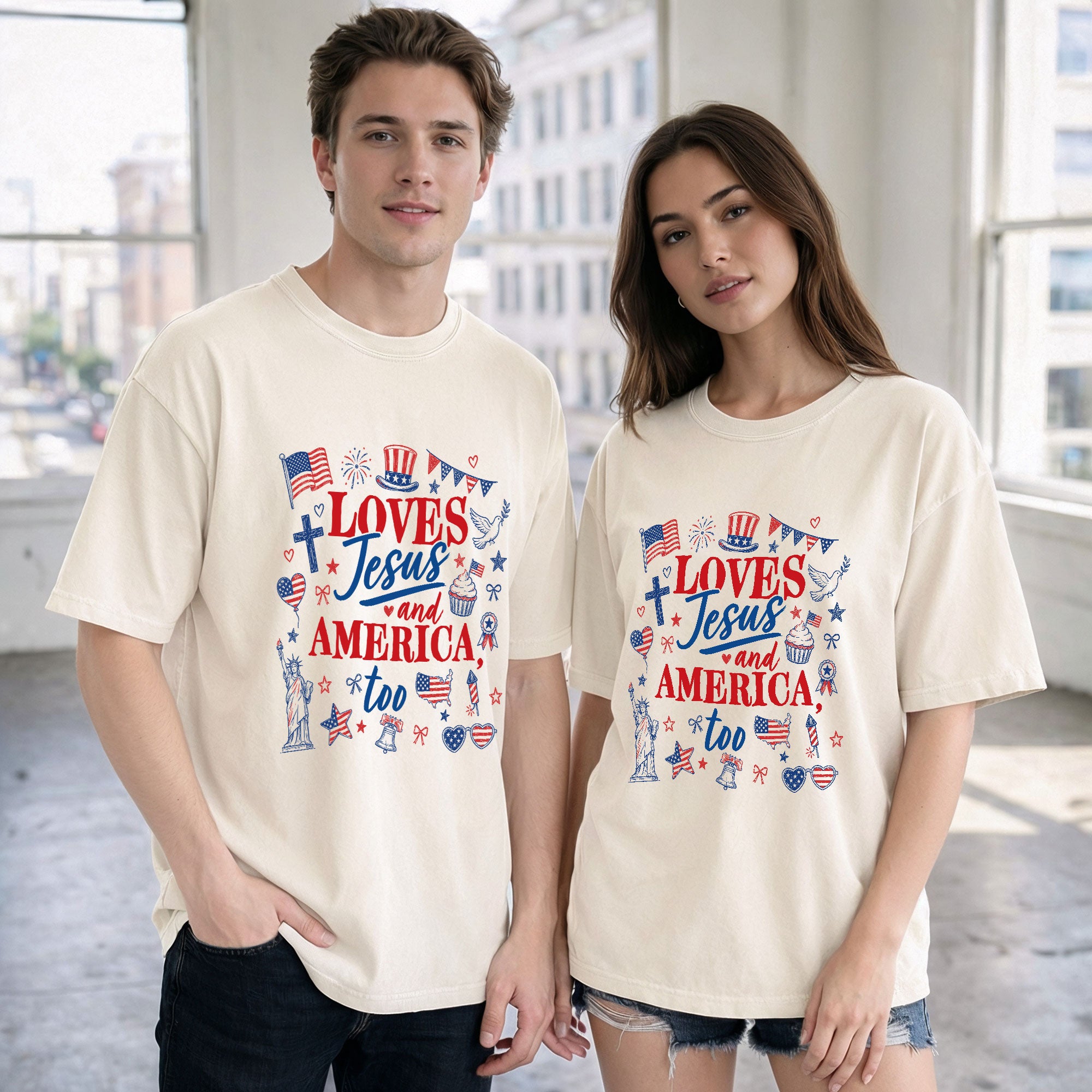 Loves Jesus and America Too Shirt Patriotic Christian Tee Religious United States Apparel