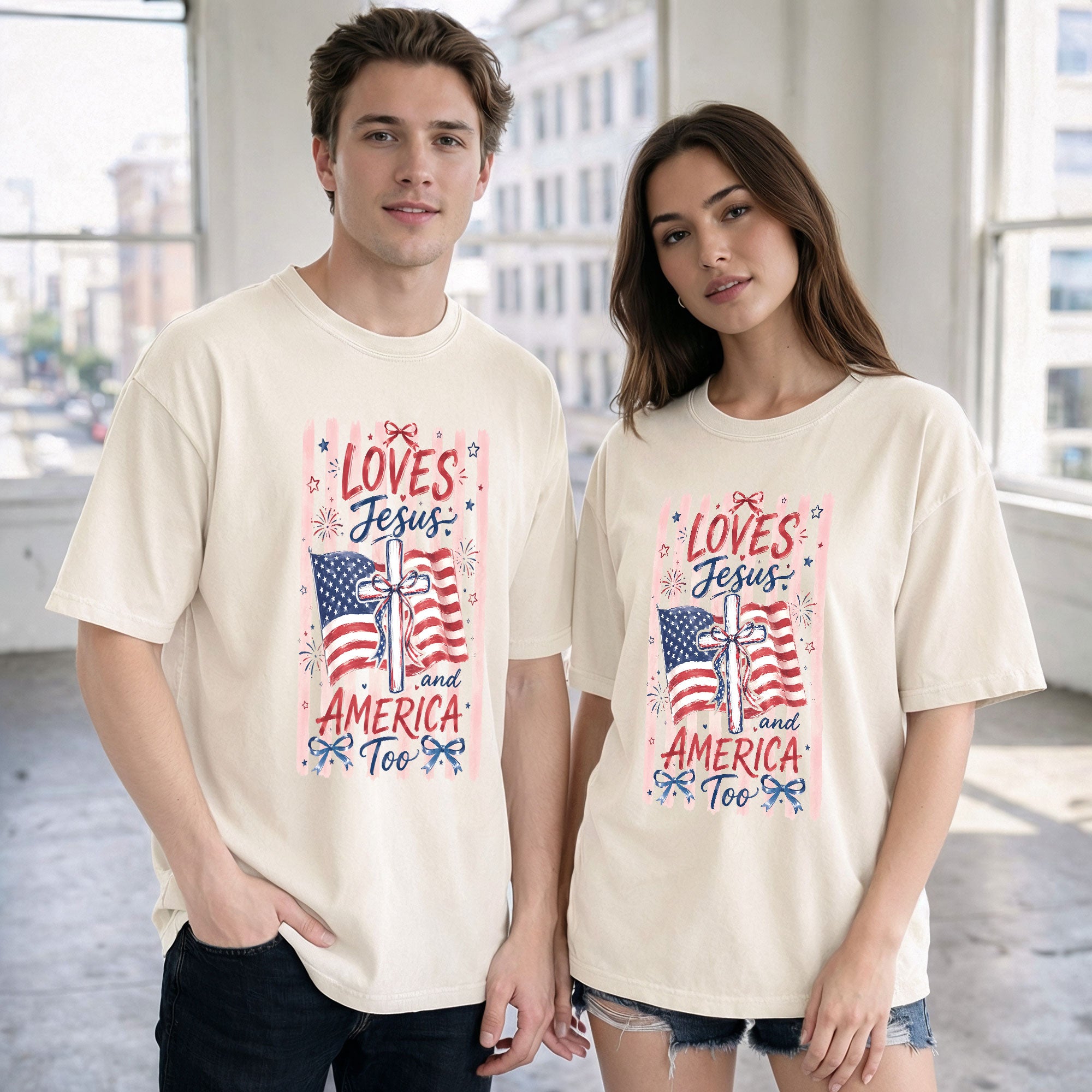 Loves Jesus and America Too Shirt USA Pride Graphic Tee Faithful Patriot Unisex Top Gift