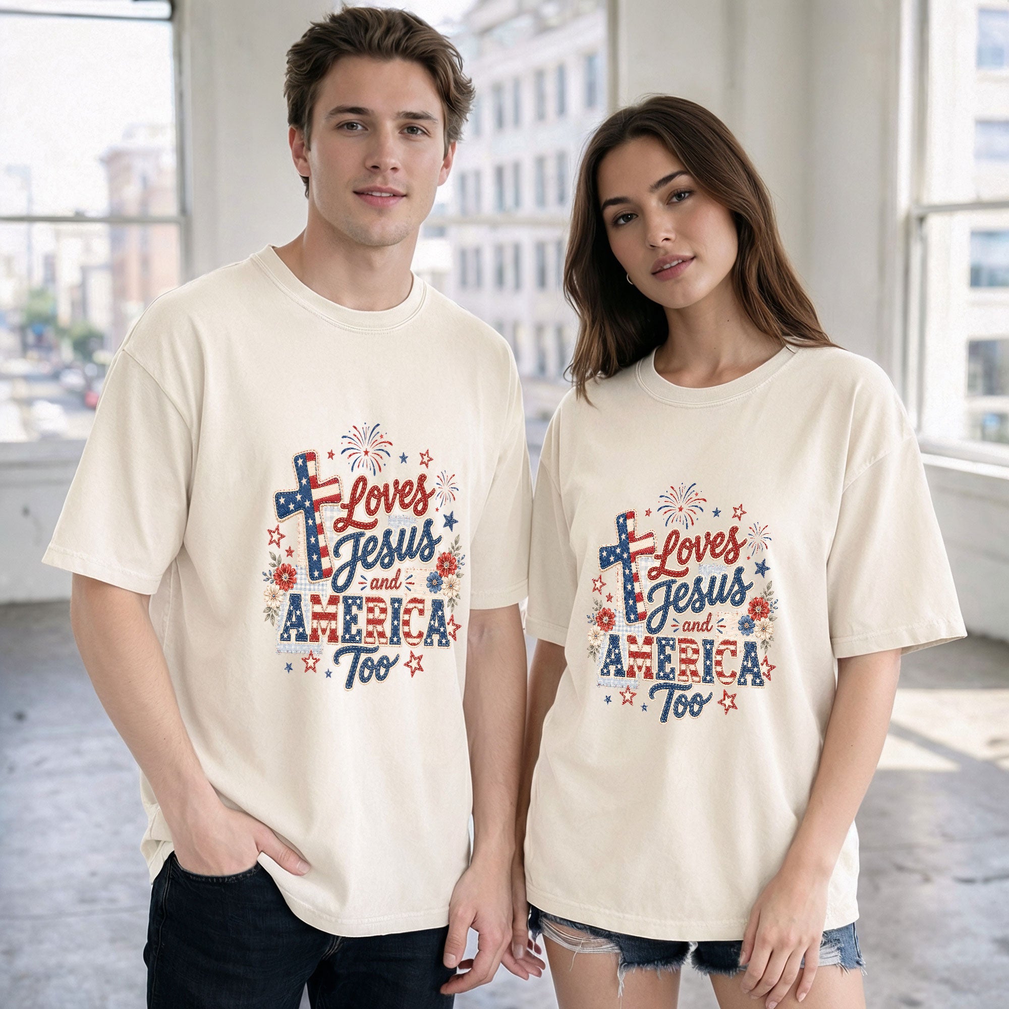 Loves Jesus and America Too Shirt Christian Cross Graphic Tee Patriotic Faith Western Top
