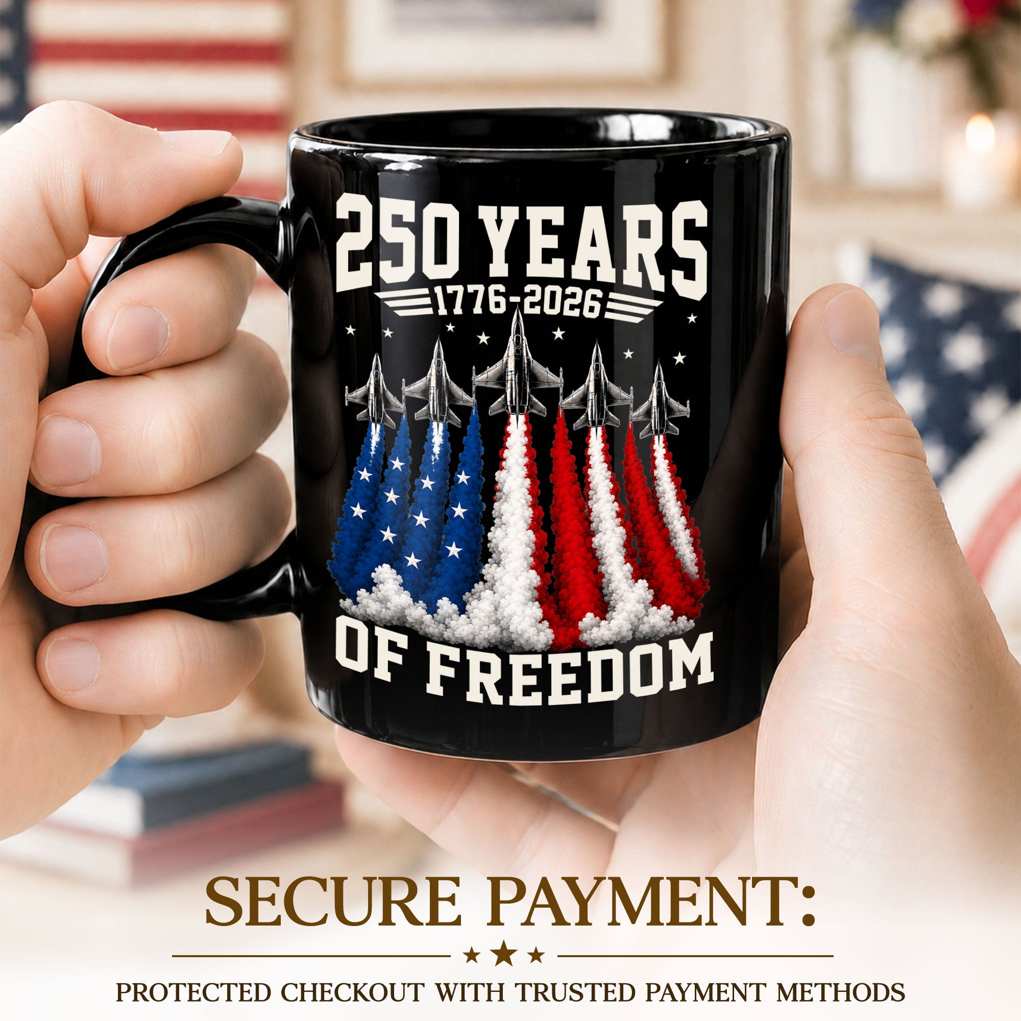 Patriotic Mug 250 Years of Freedom 1776-2026 Military Jet American Liberty Ceramic Gift
