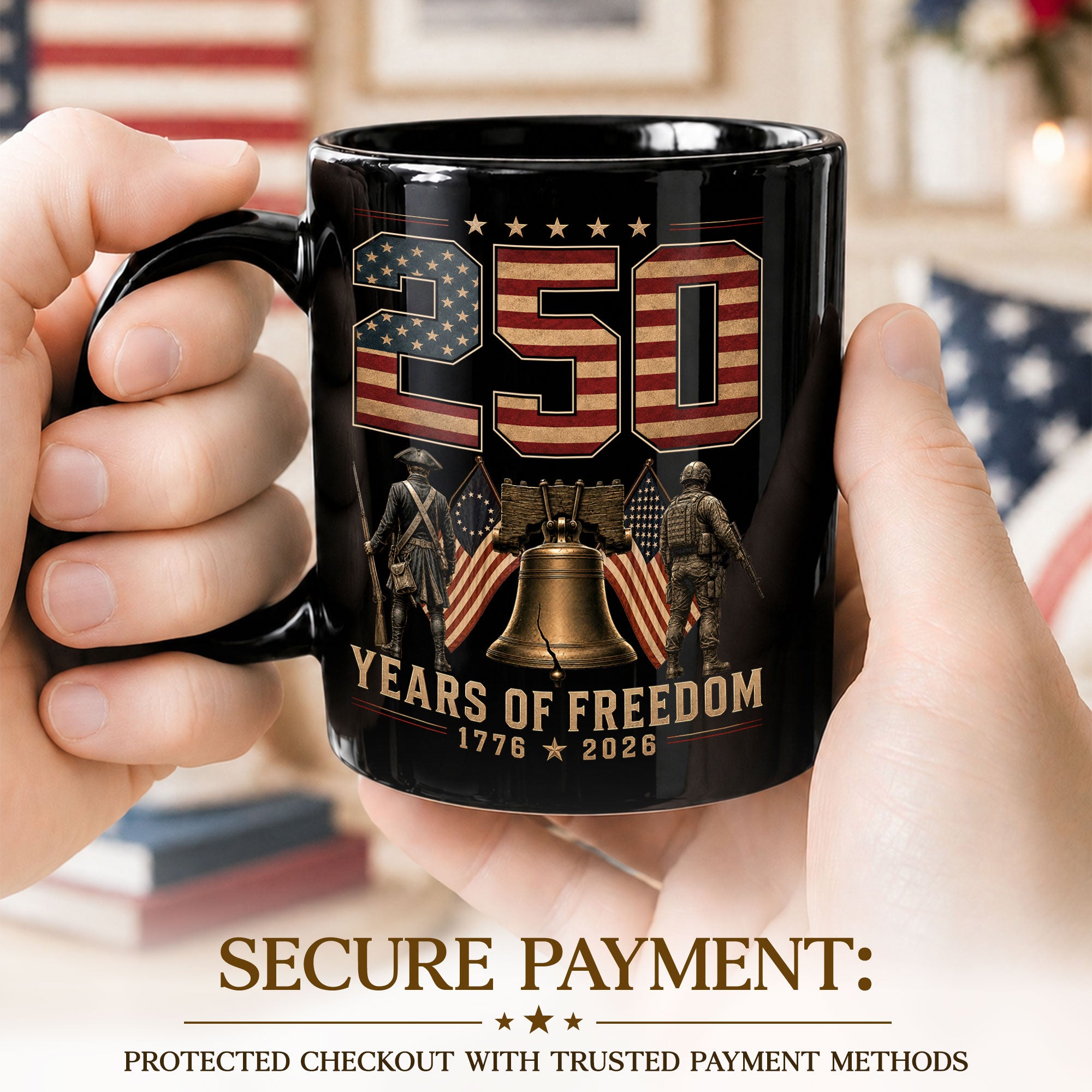 250 Years of Freedom Mug Liberty Bell Patriotic 1776-2026 Revolutionary Soldier Ceramic Cup