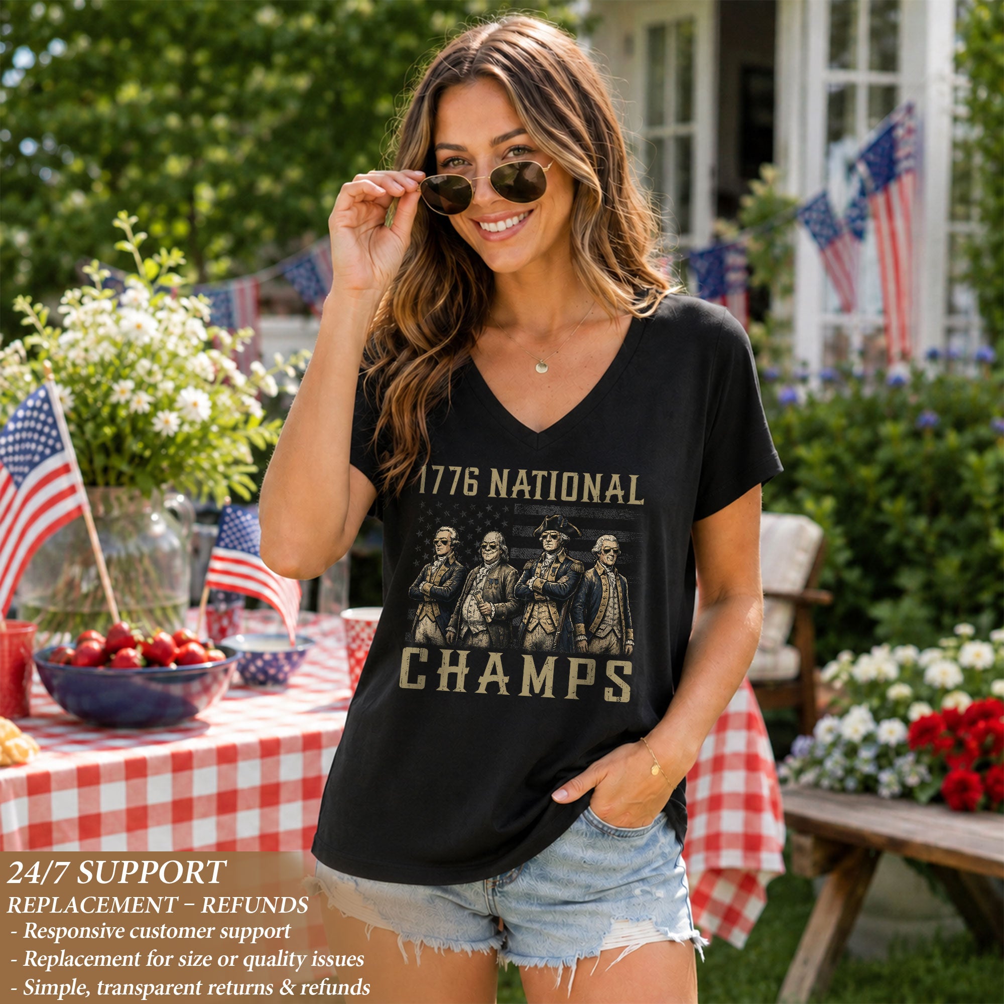 1776 National Champs Women  V-Neck T-Shirt - Cool Founding Fathers American Flag Graphic