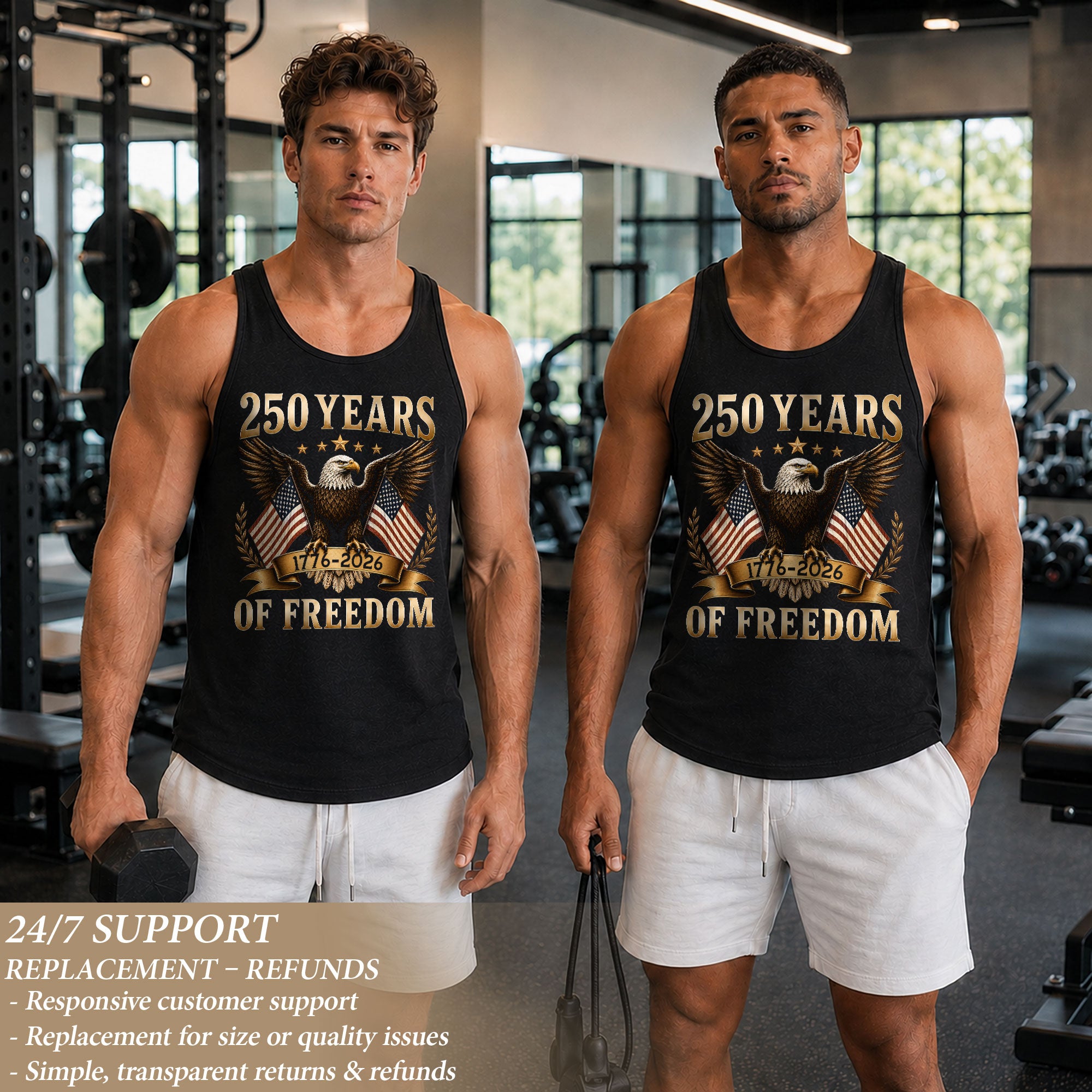 Men Tank Top 250 Years of Freedom Shirt 1776 2026 Gold Eagle Patriotic US Flag Tee