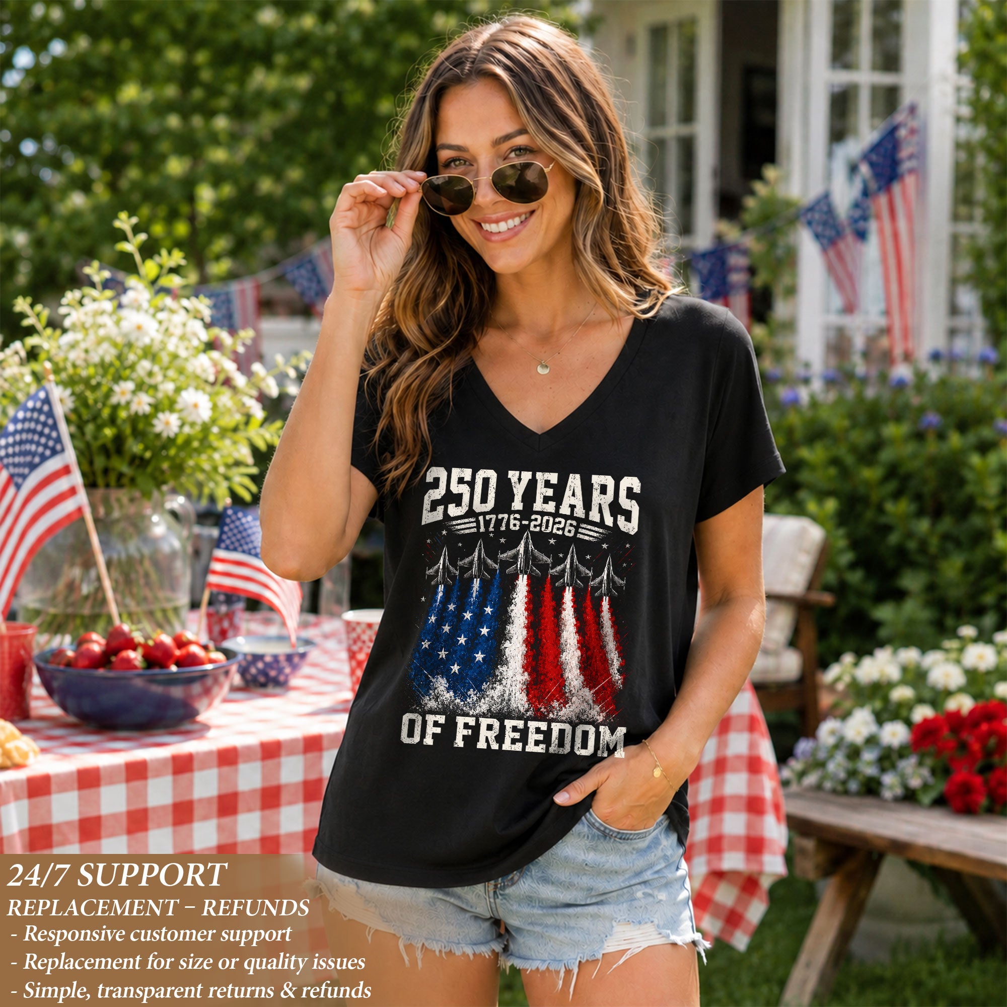 Women V Neck 250 Years of Freedom Shirt 1776 2026 Fighter Jet Patriotic Graphic Tee