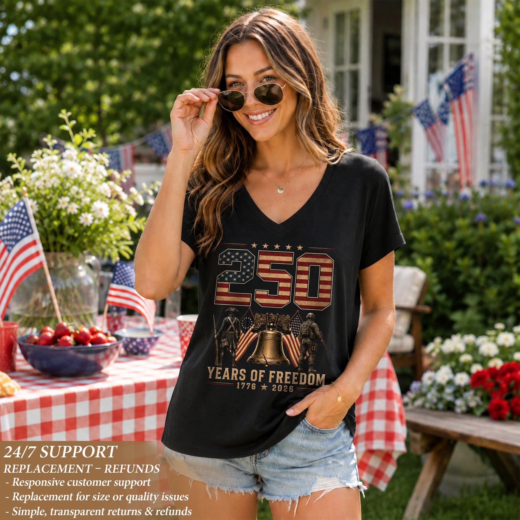 Women V Neck 250 Years of Freedom Shirt 1776 2026 Liberty Bell Patriotic Soldier Tee
