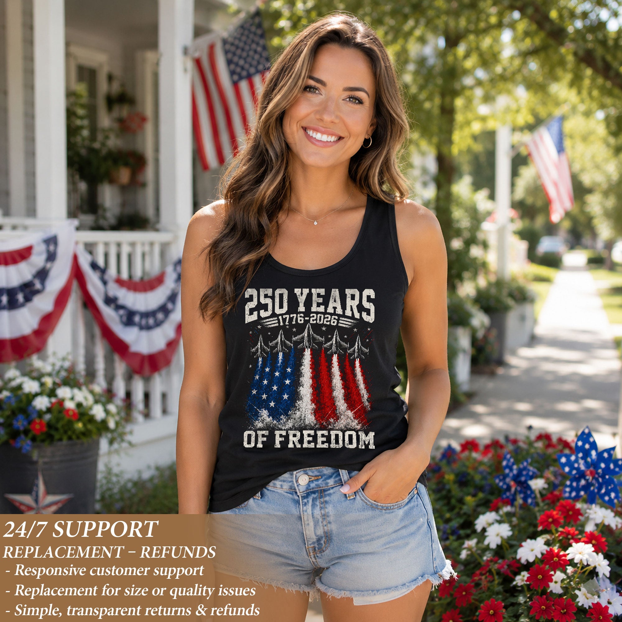 Women Tank Top 250 Years of Freedom Shirt 1776 2026 Fighter Jet Patriotic Graphic Tee