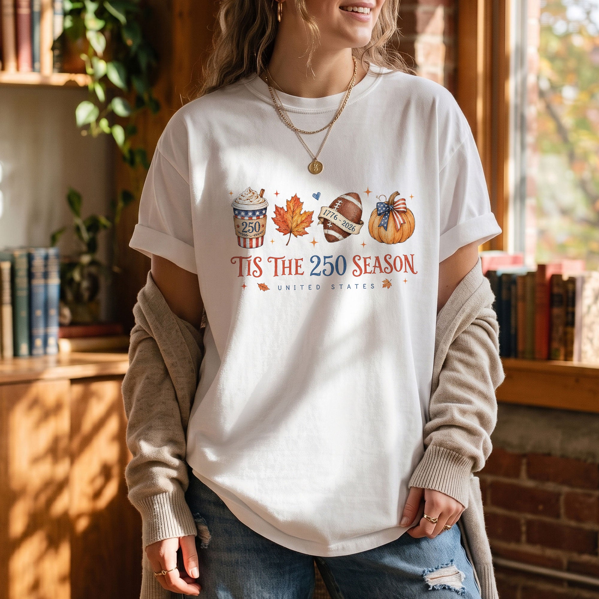 Tis The 250 Season United States T-Shirt: Festive Fall Pumpkin Football Graphic Tee