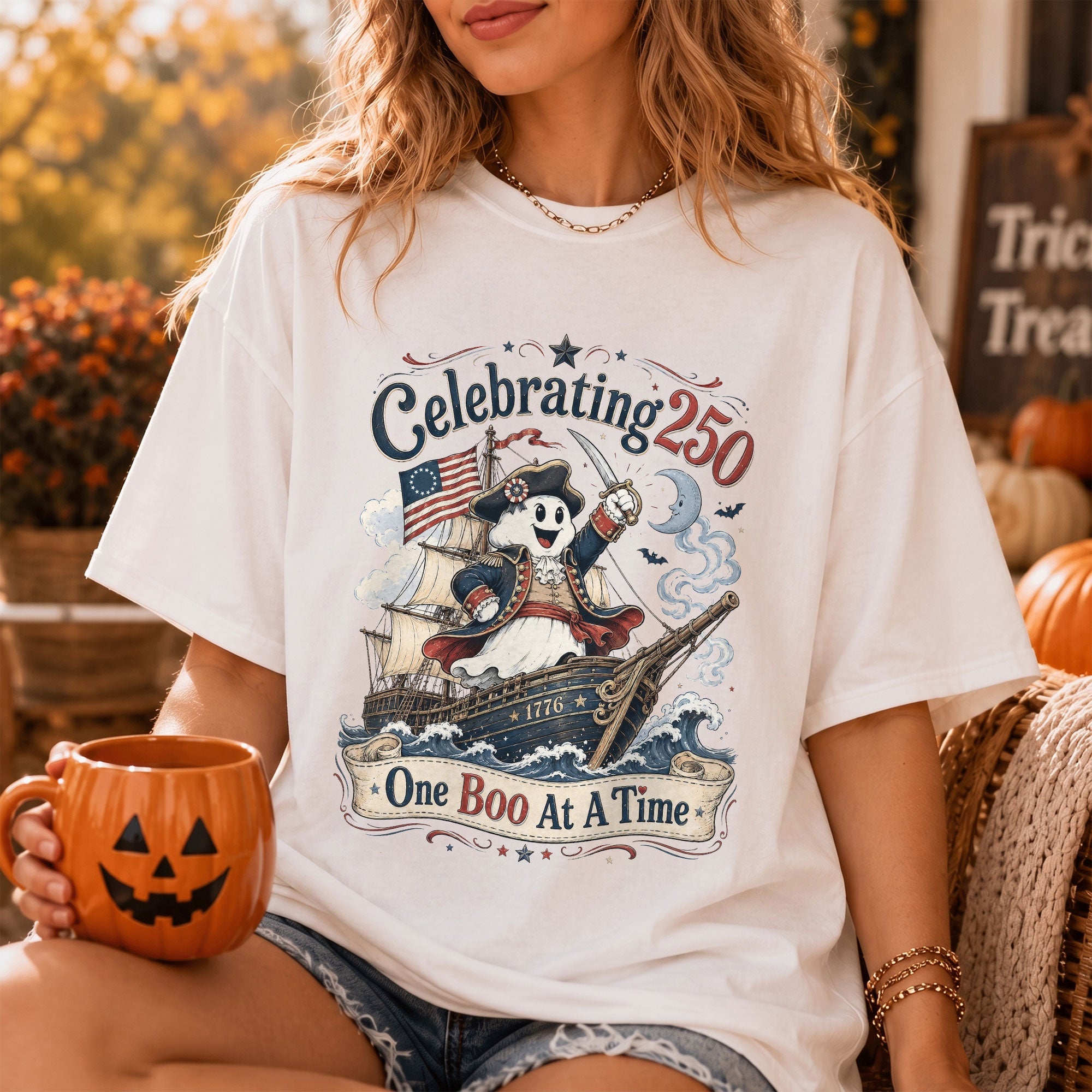 One Boo At A Time Shirt Celebrating 250 Ghost Captain Ship Patriotic Halloween Tee