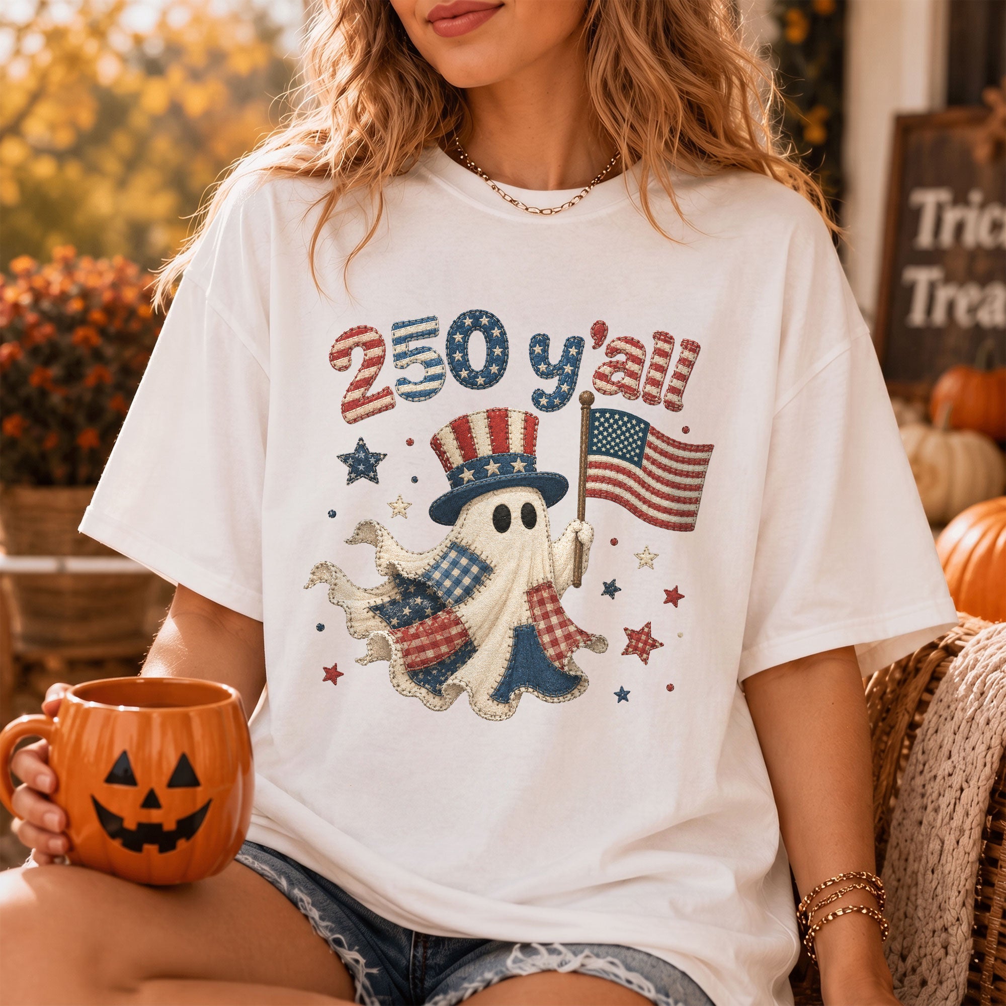 250 Y'all Shirt Patriotic Halloween Ghost Uncle Sam Hat American Flag Graphic Tee