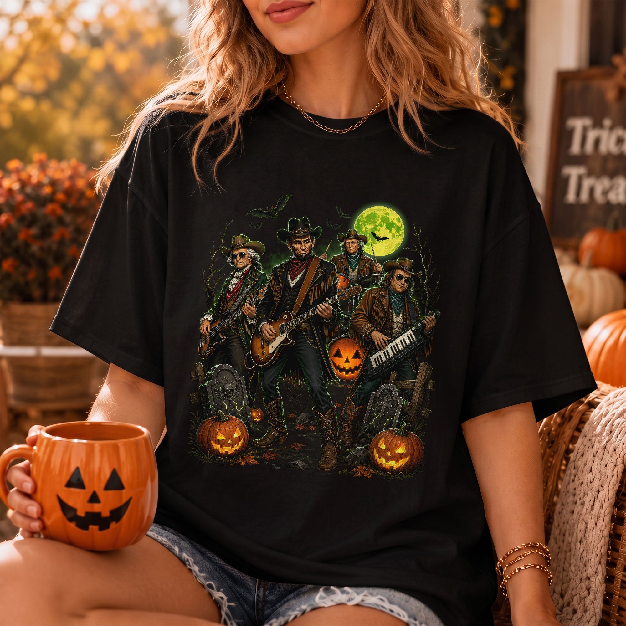 Lincoln Playing Guitar Halloween Shirt Funny Presidents Rock Band Spooky Graphic Tee