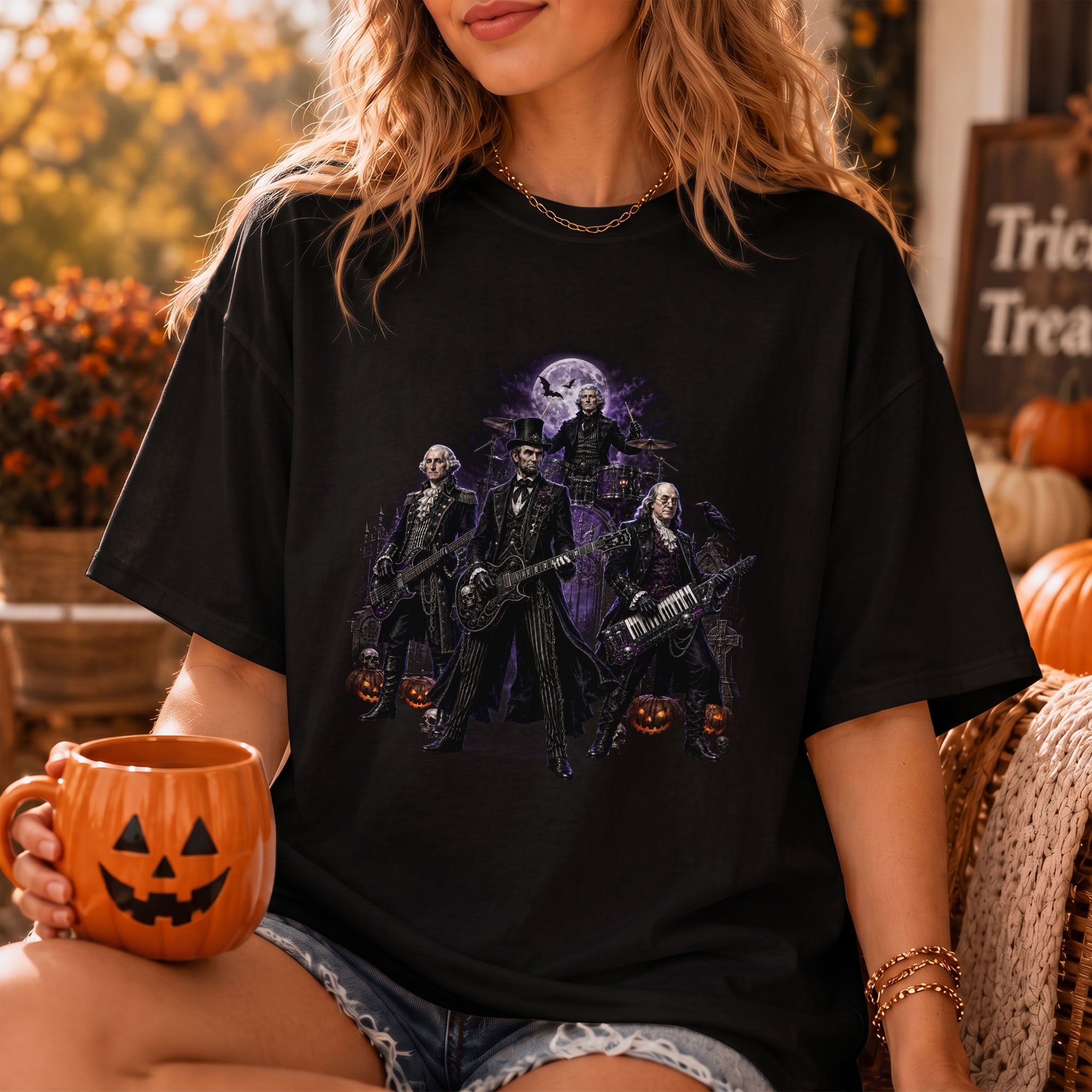 Lincoln Playing Guitar Halloween Shirt Funny Presidents Rock Band Goth Graphic Tee