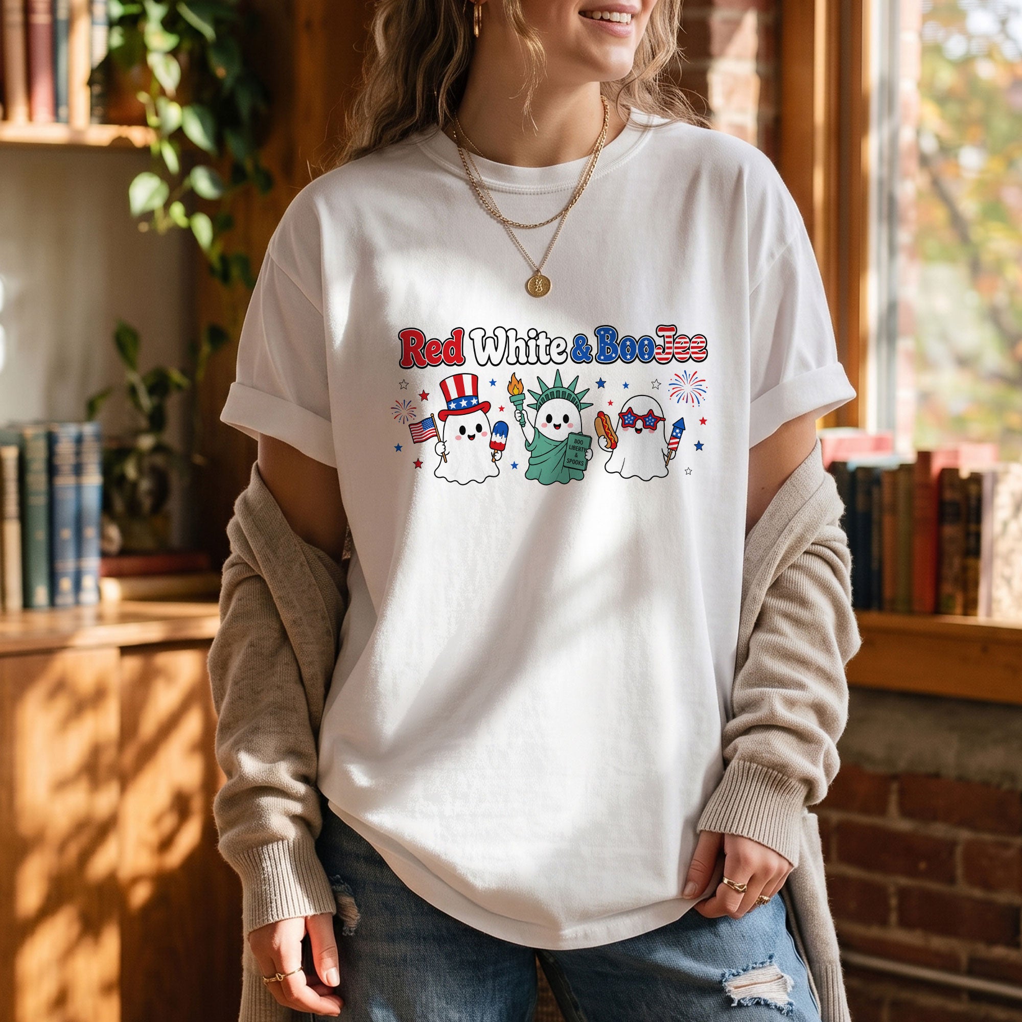 Unique Red White And BooJee Tee Adorable Patriotic Ghost Cartoon Graphic Shirt