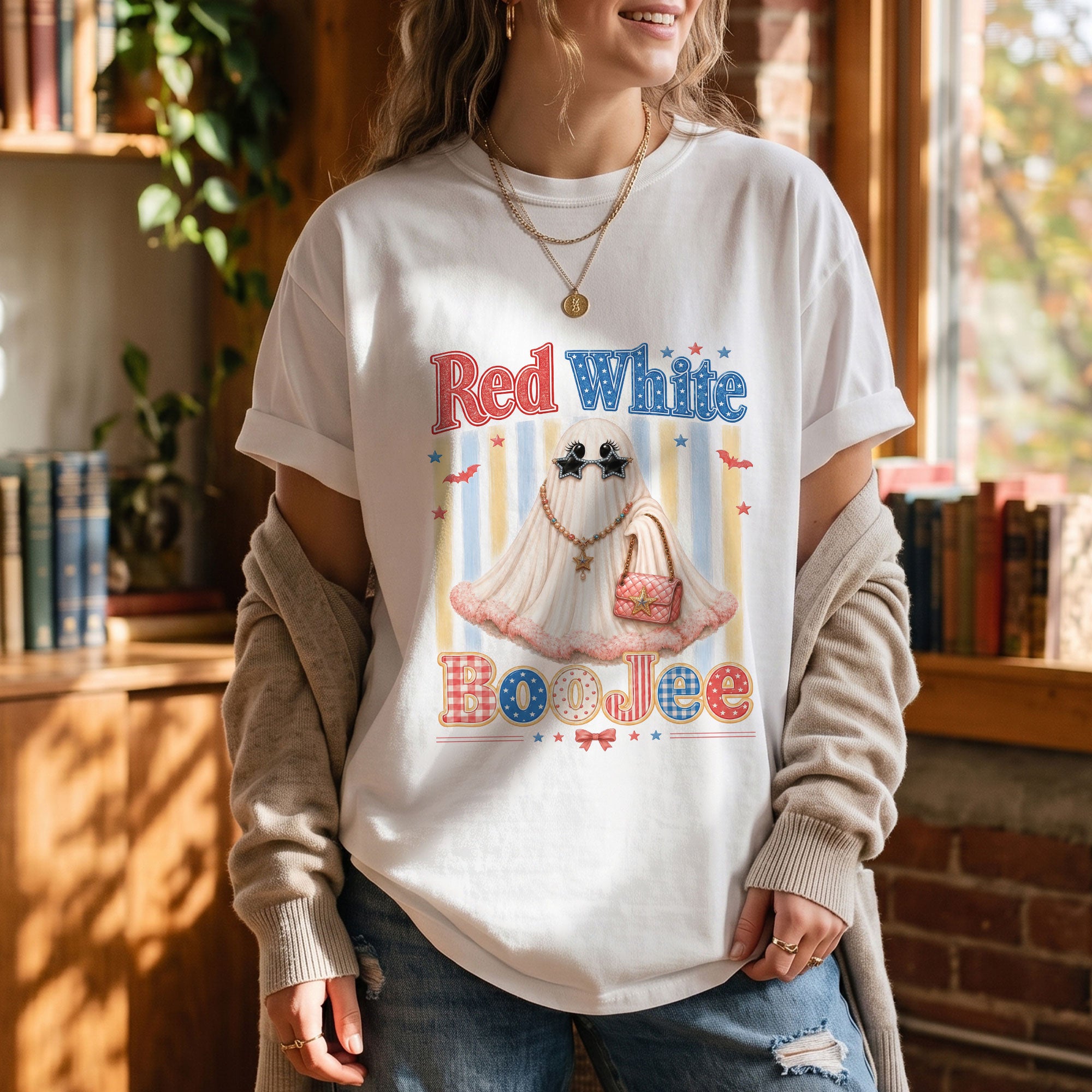 Red White BooJee Ghost Graphic T Shirt Trendy Patriotic Apparel For Unisex Wear