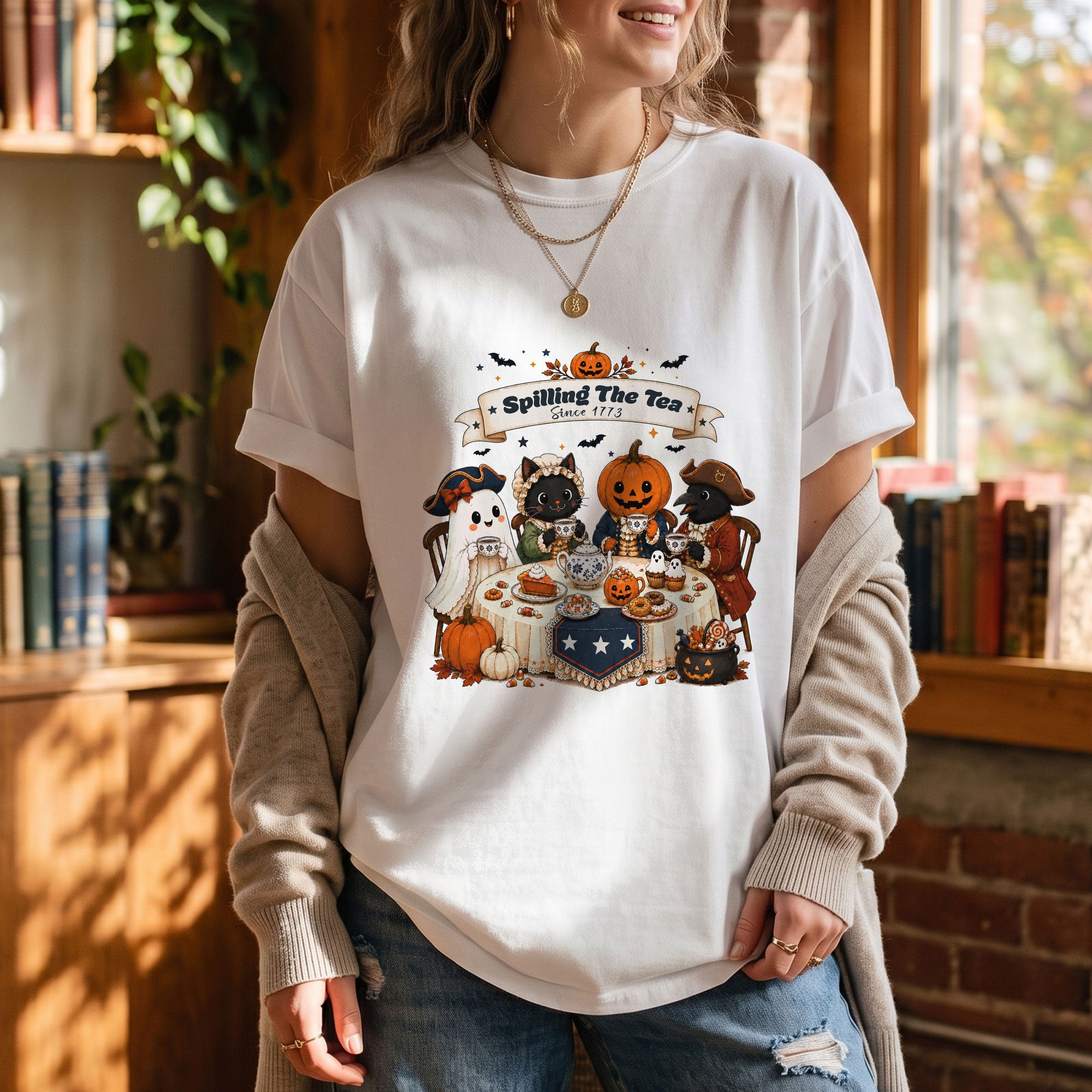 Spilling The Tea Since 1773 Tee Cute Aesthetic Halloween Ghost Cat Pumpkin Fall Shirt