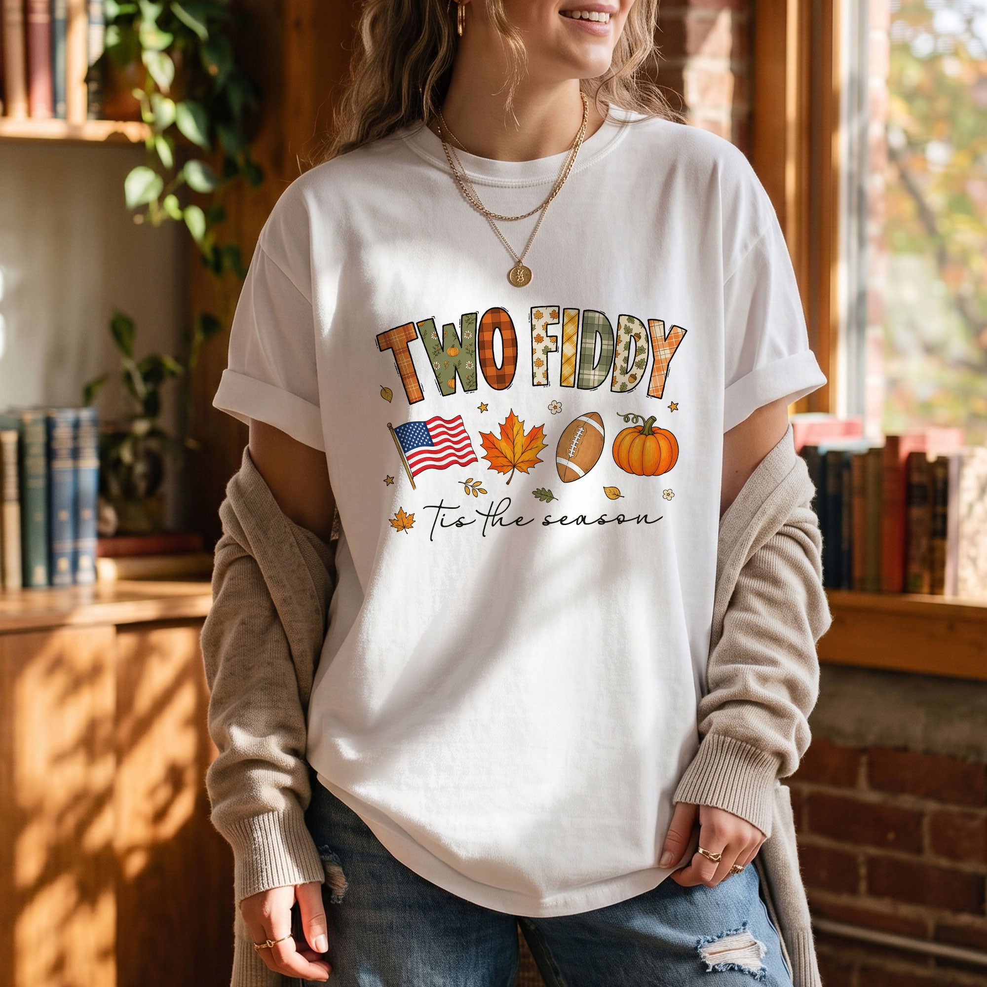 Two Fiddy Tis The Season Shirt Football Pumpkin Fall US Flag Patriotic Tee