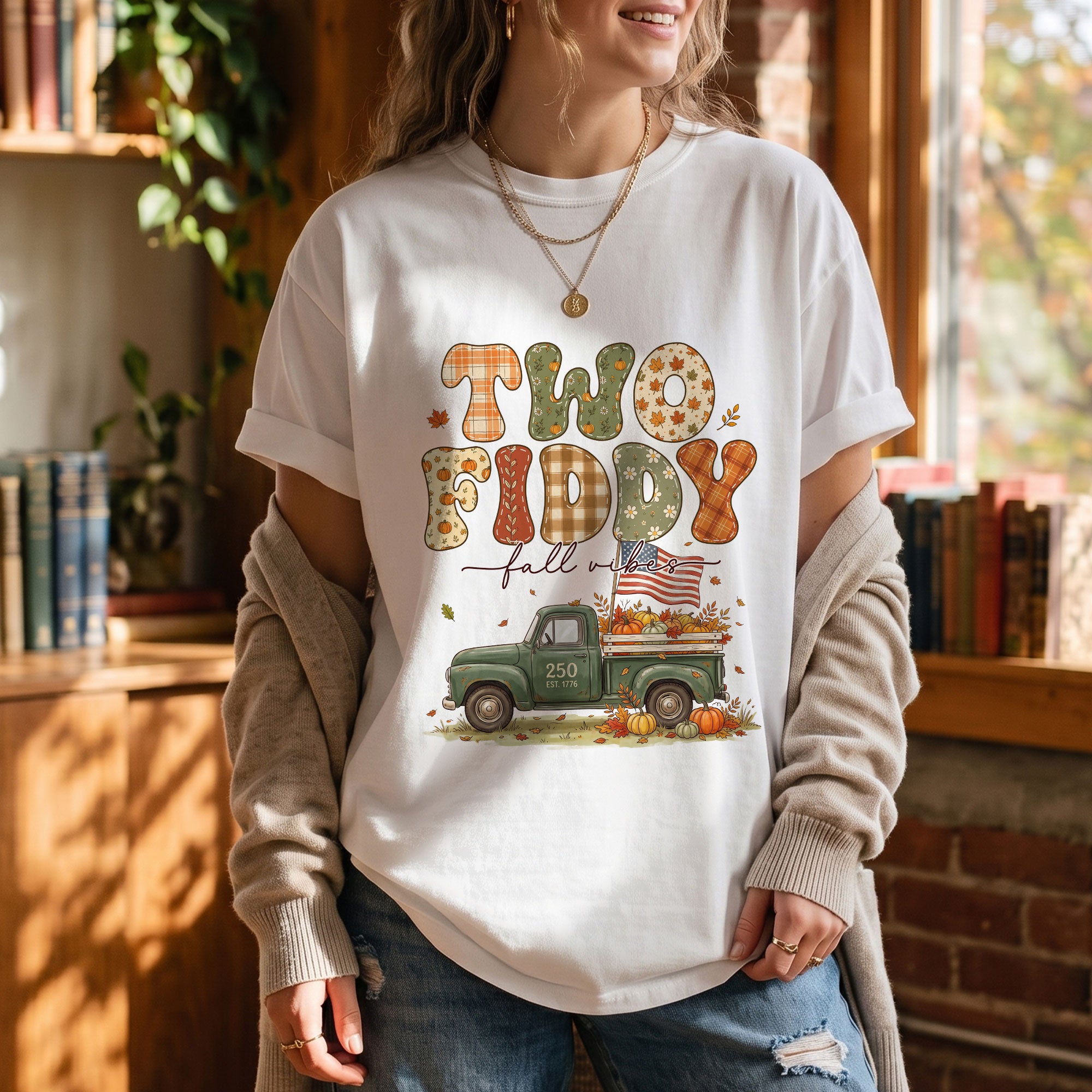 Two Fiddy Fall Vibes Shirt Vintage Pumpkin Truck US Flag Autumn Graphic Tee